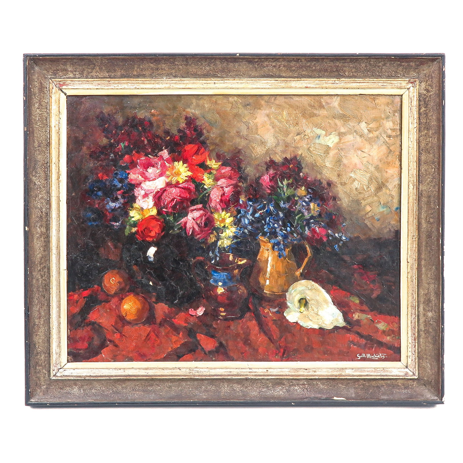 An Oil on Canvas Painting: oil on canvas, floral still life with vases and fruit on a draped table, signed Guill. Michiels (bottom right), 63 x 78 cm
