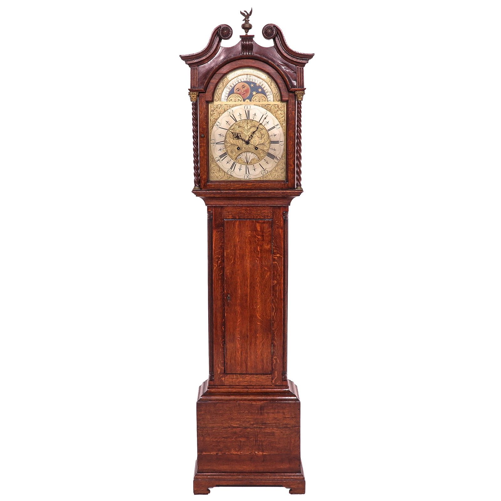 A George III Long Case Clock: George III, ca. 1800, signed John Armour, Kilmares, Scotland, with moon and date, in oak case, height 229 cm