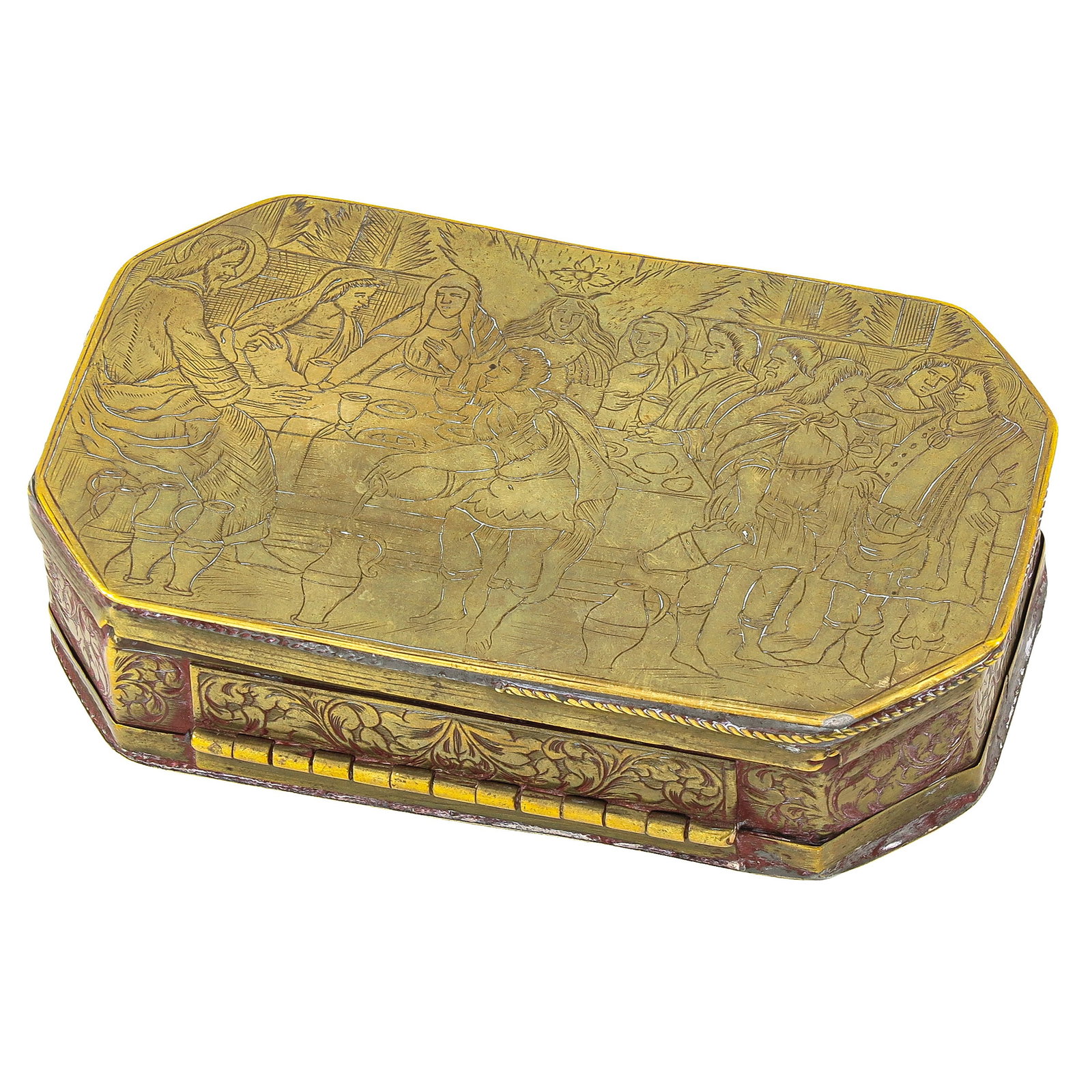 An 18th Century Tobacco Box: 18th century, copper, engraved with 5 biblical scenes and double lid, length 11 cm