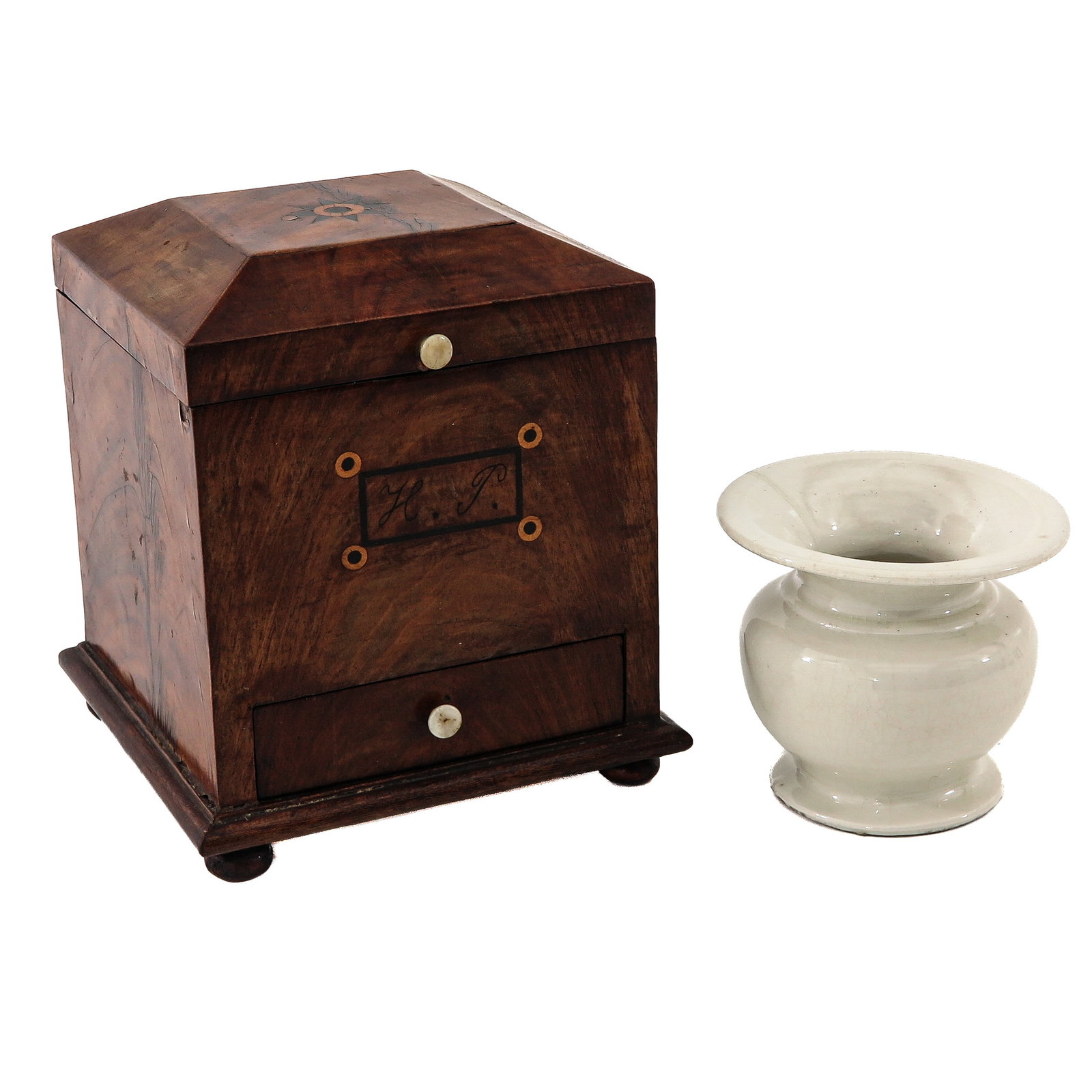 A Spittoon: in inlaid wooden case, 16 x 18 x 16 cm, spittoon height 9 cm
