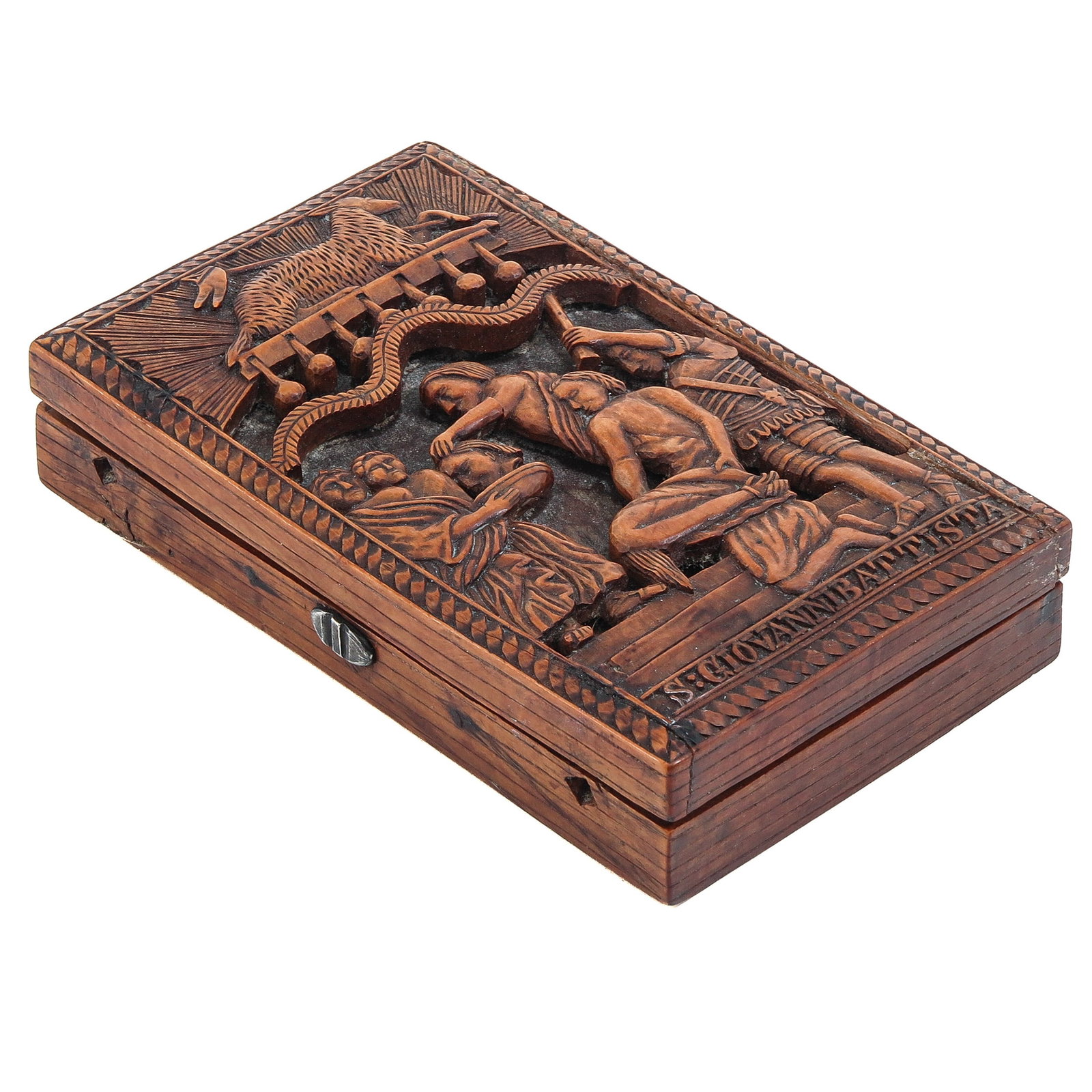 A Carved Palm Wood Box: carved palm wood, ca. 1820, with biblical scene in relief of the Lamb of God on the seven stamps, 8 x 3 x 13 cm