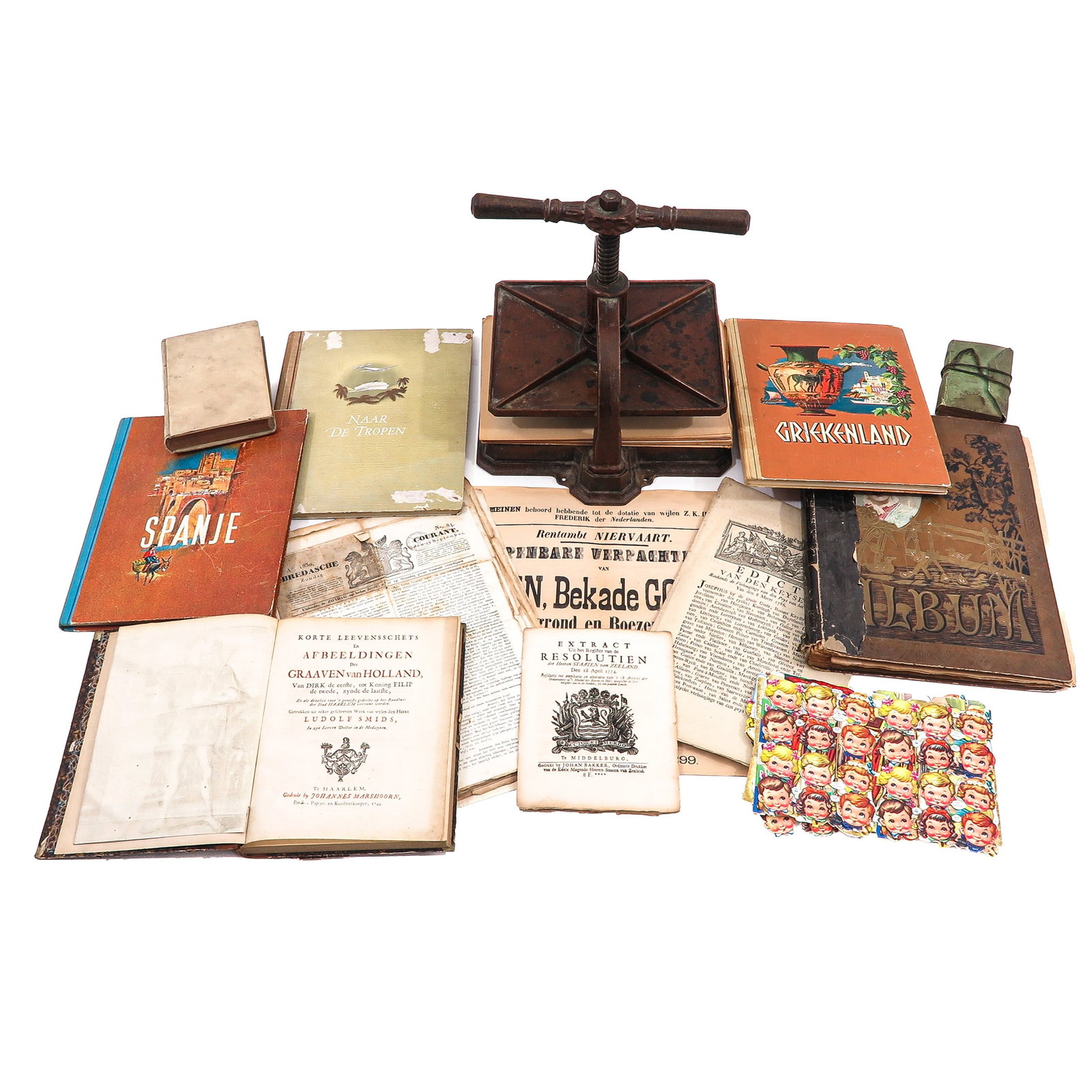 A Group of Books: consisting of books and cast iron book press