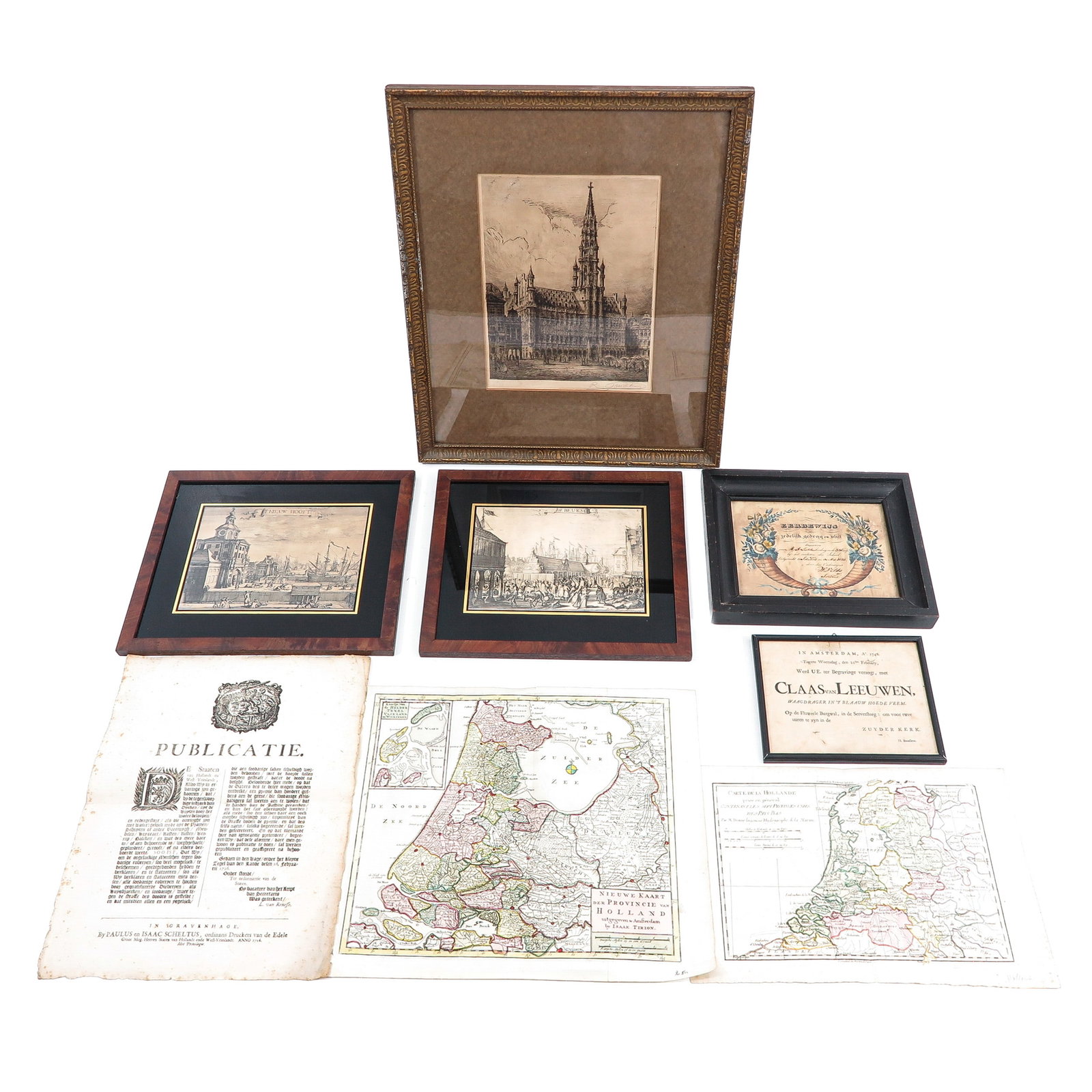 A Group of Artwork: consisting of various engravings and maps, including 18th-century Rotterdam, largest 44 x 37 cm