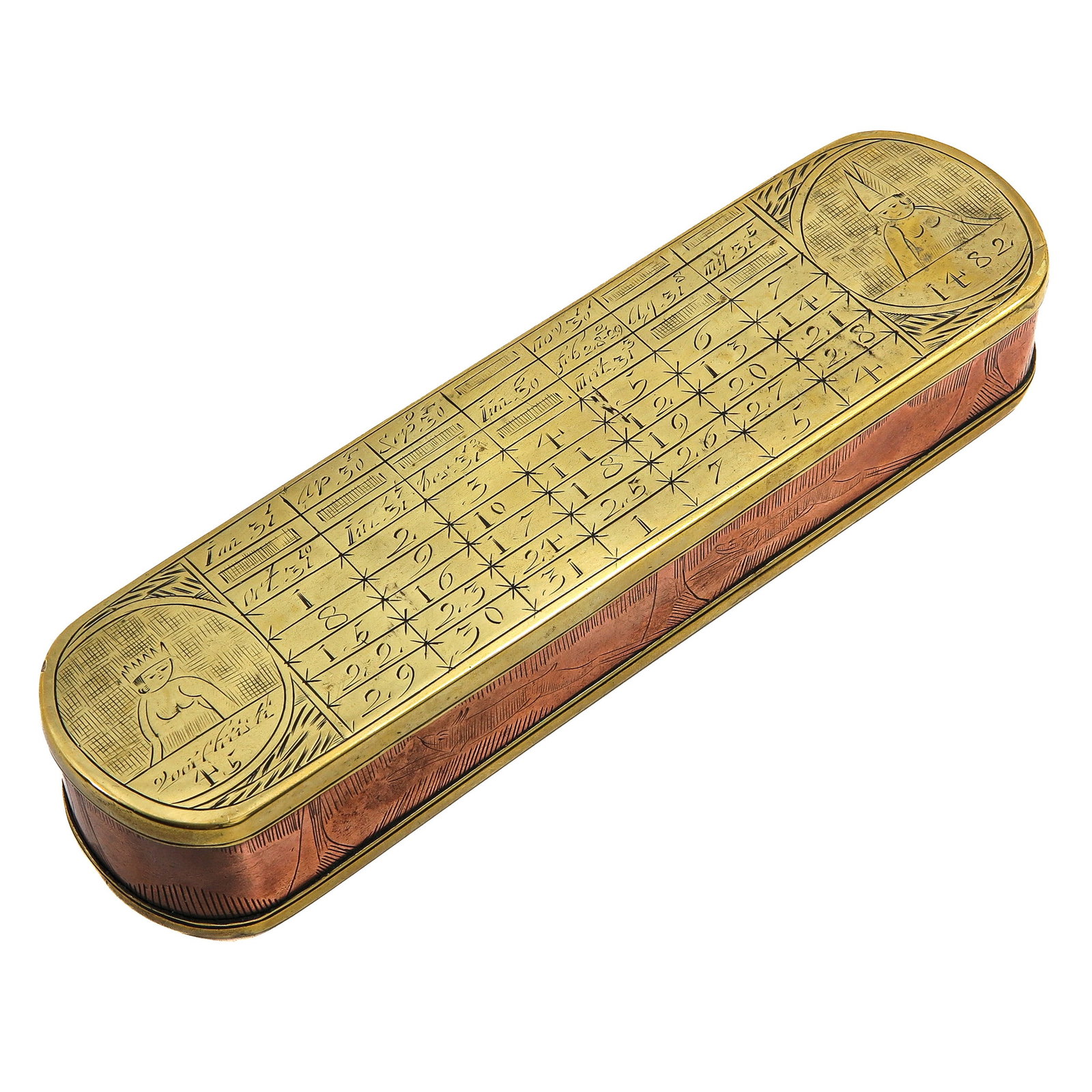 A Nautical Tobacco Box: Pieter Holm (1685/86 - 1776), with engraved perpetual calendar and ship's log, dated 1754, 9 x 3 x 5 cm