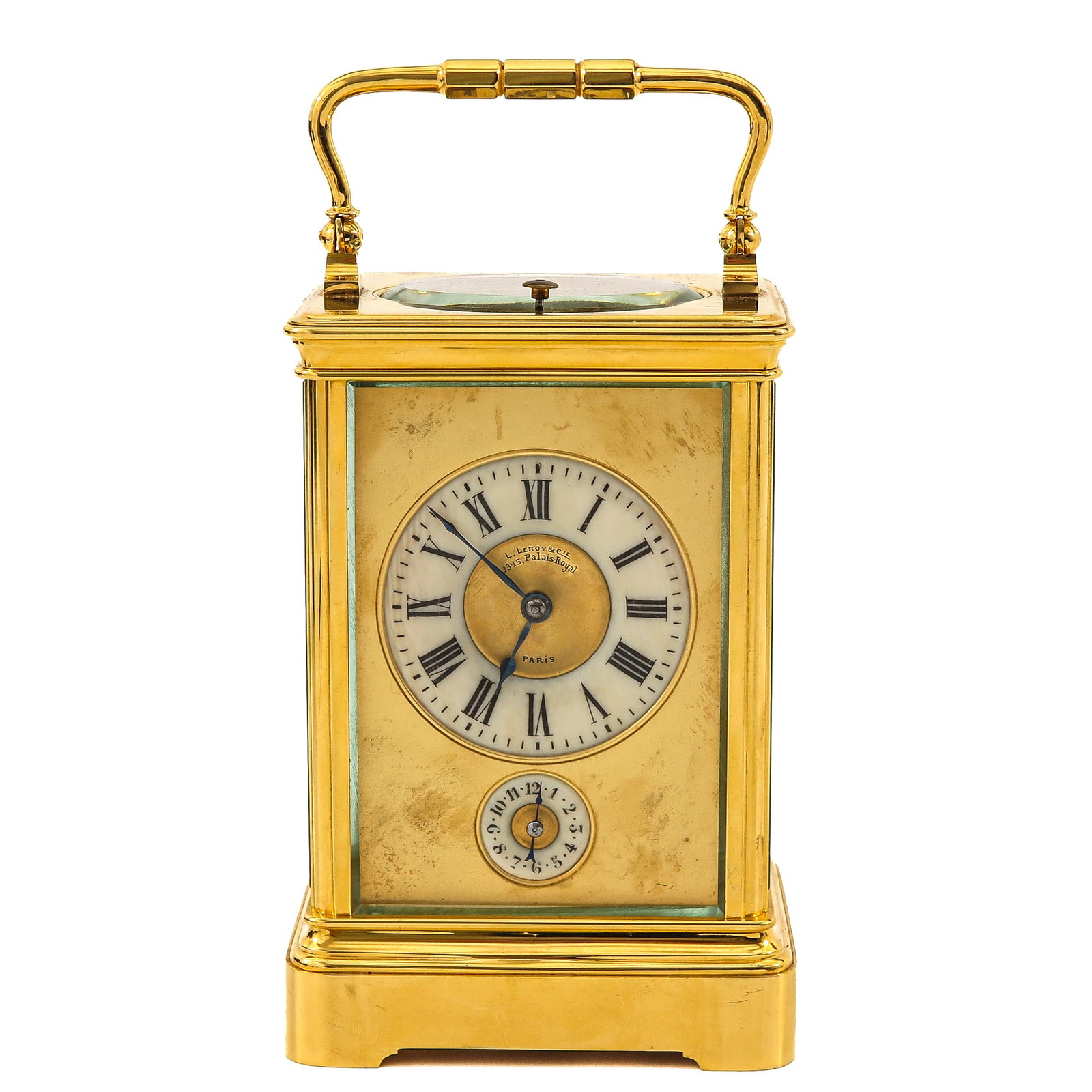 A Travel Clock with Alarm: gilded brass, with leather case, signed L. LeRoy, Paris, 19th century, height including handle 18 cm