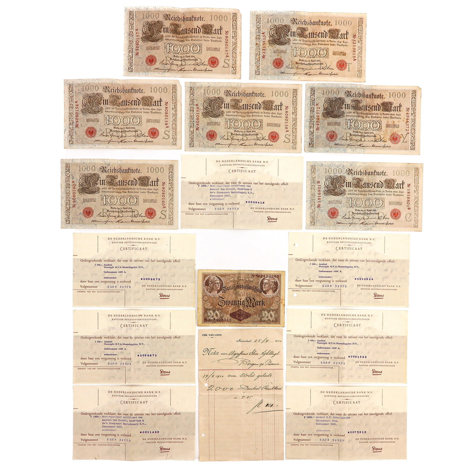 A Group of Banknotes and Certificates: consisting of banknotes and various certificates from De Nederlandsche Bank