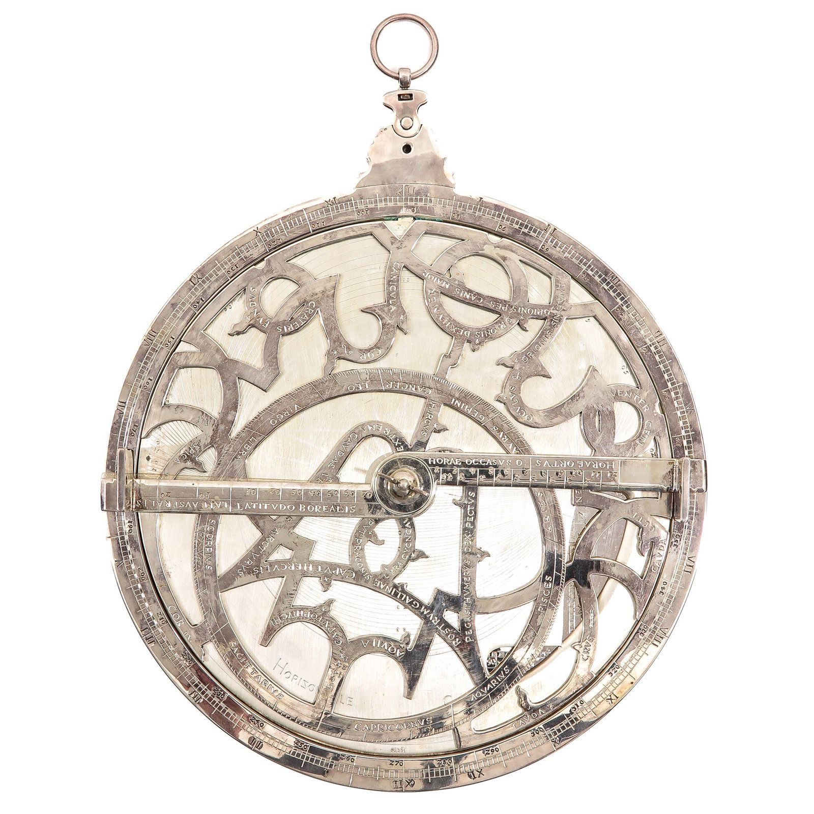 An Astrolabium: silver 925/1000, in mahogany box, with original invoice 1979, 40 x 7 x 32 cm