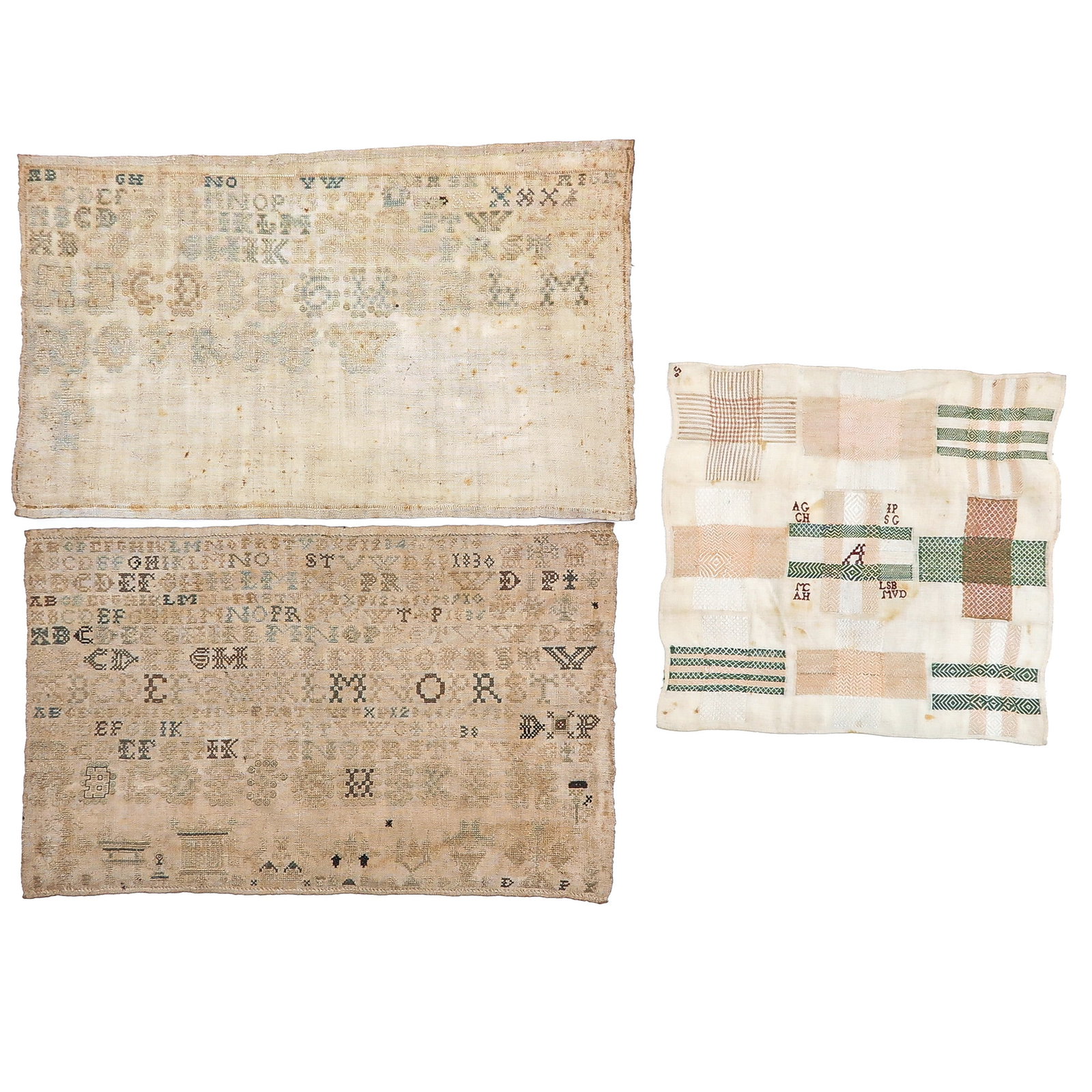 A Group of Antique Textiles: consisting of 2 samplers and a stopper, approx. 1800, largest 50 x 30 cm