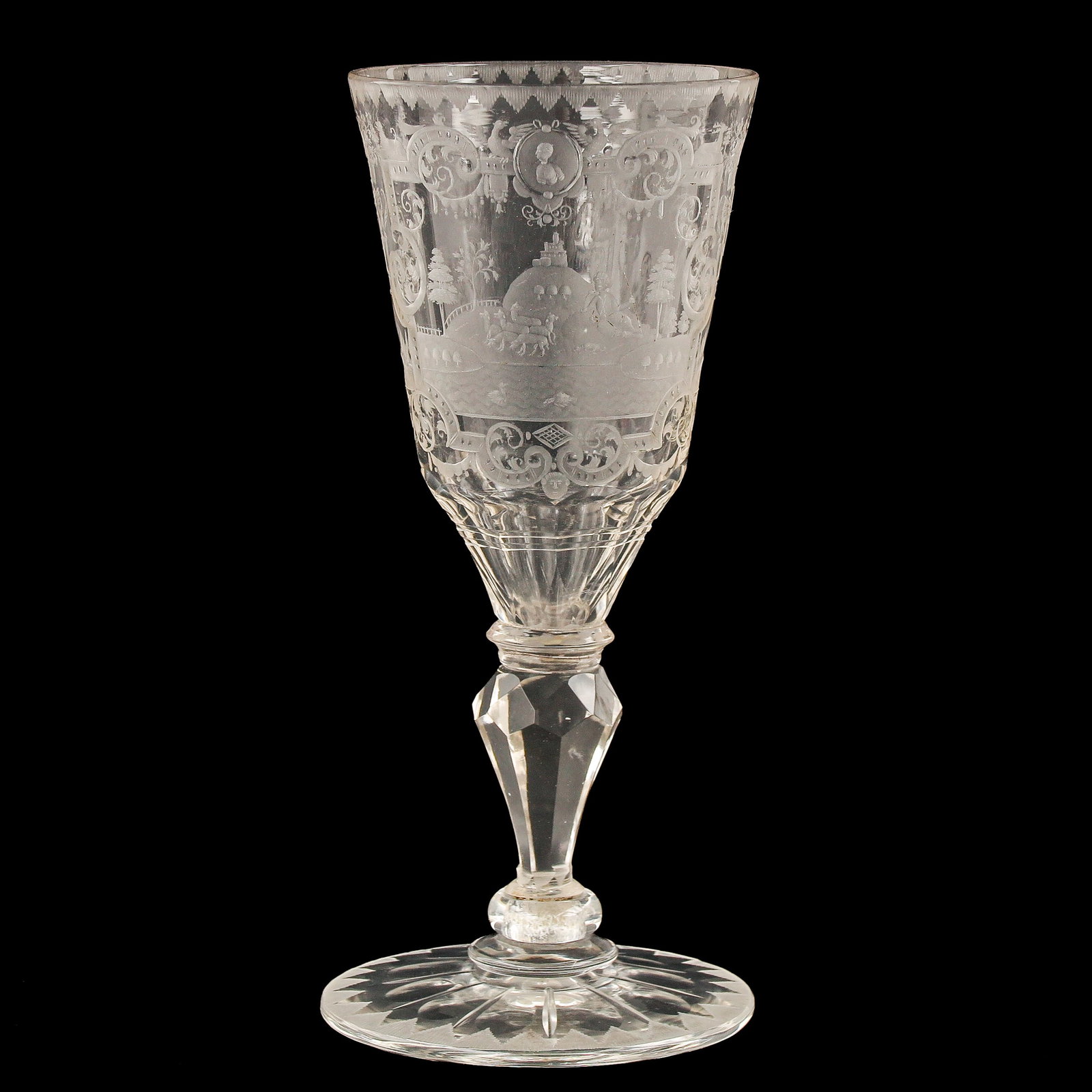 A 19th Century Chalice: 19th century, engraved with a landscape depiction of a shepherd with sheep, height 18 cm