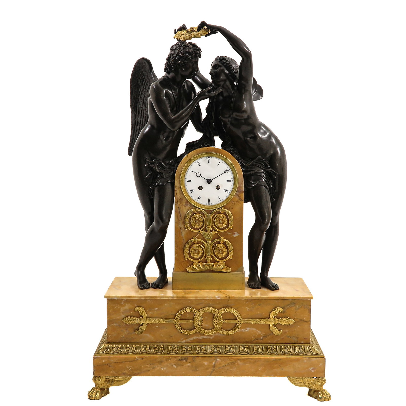 A Pendule signed S. Marti: France, signed S. Marti, ca. 1830, marble case with gilding and patinated bronze, depiction of Amor and Psyche, height 77 cm