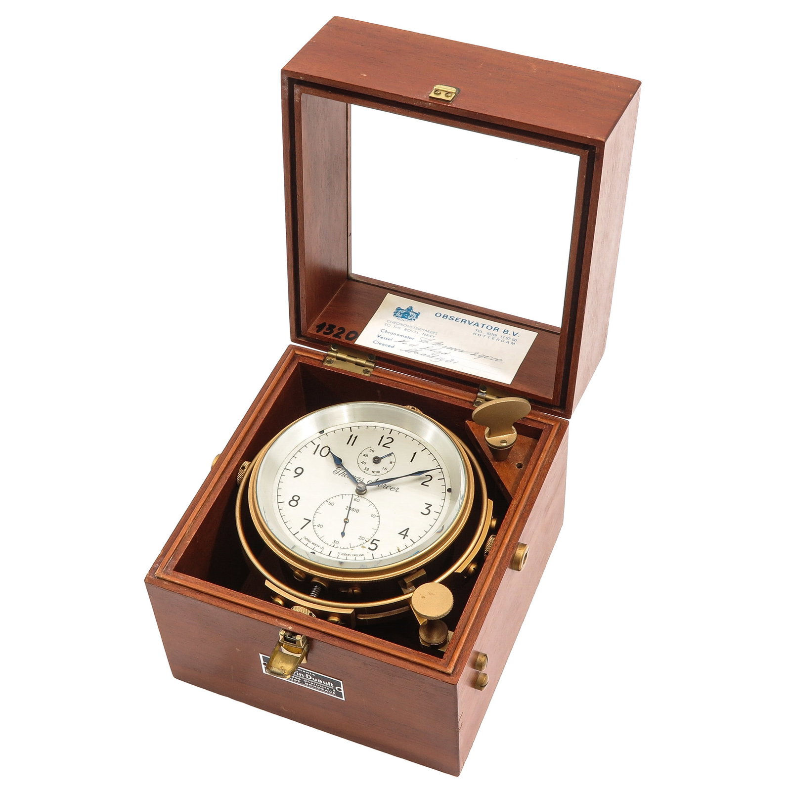 A Ships Chronometer: Thomas Mercer, in wooden box, 18 x 17 x 19 cm