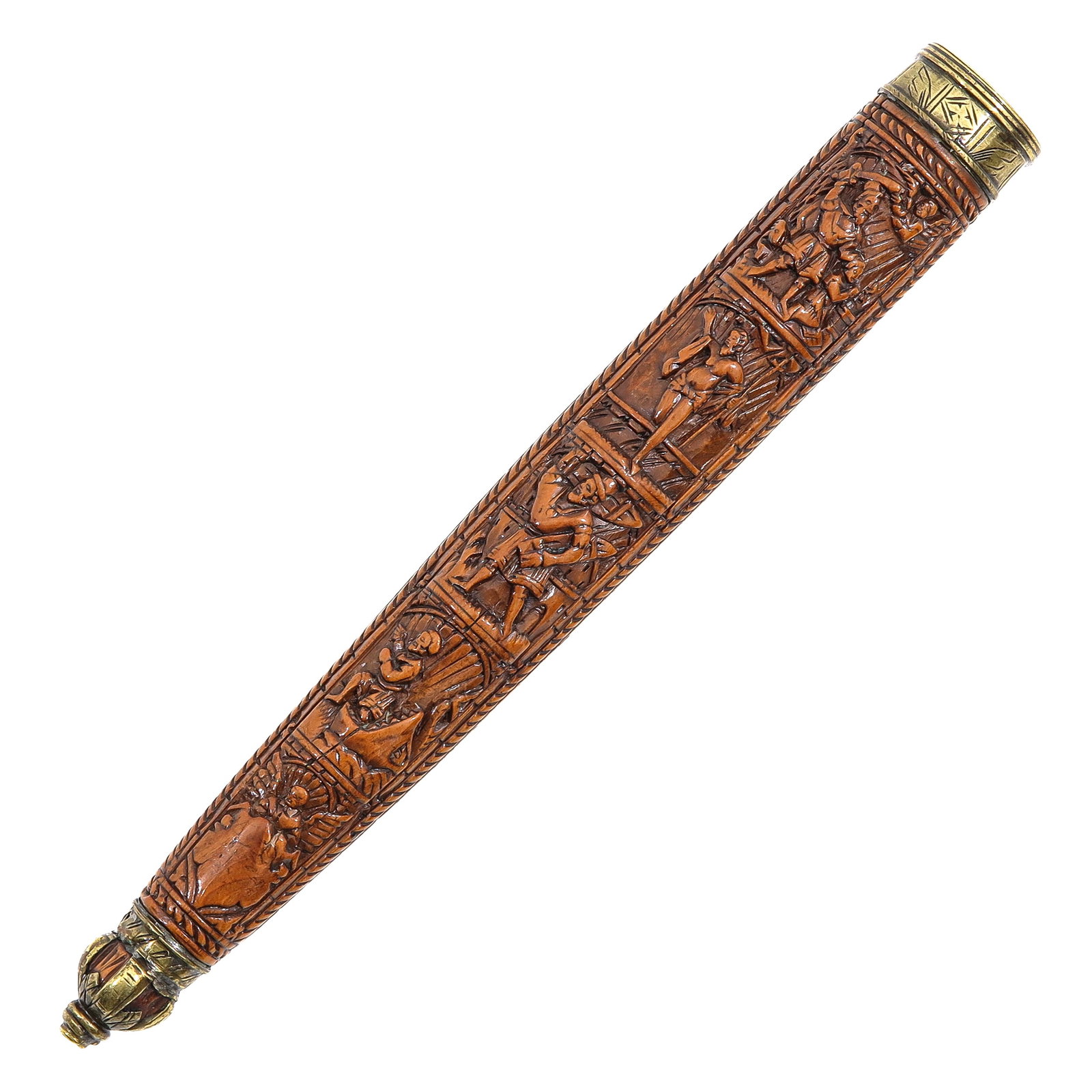 A Finely Carved German Palm Wood Case: palm wood, with very finely carved Biblical scenes, with original bronze mount, bearing initials WGW and dated 1623, Germany, length 21 cm