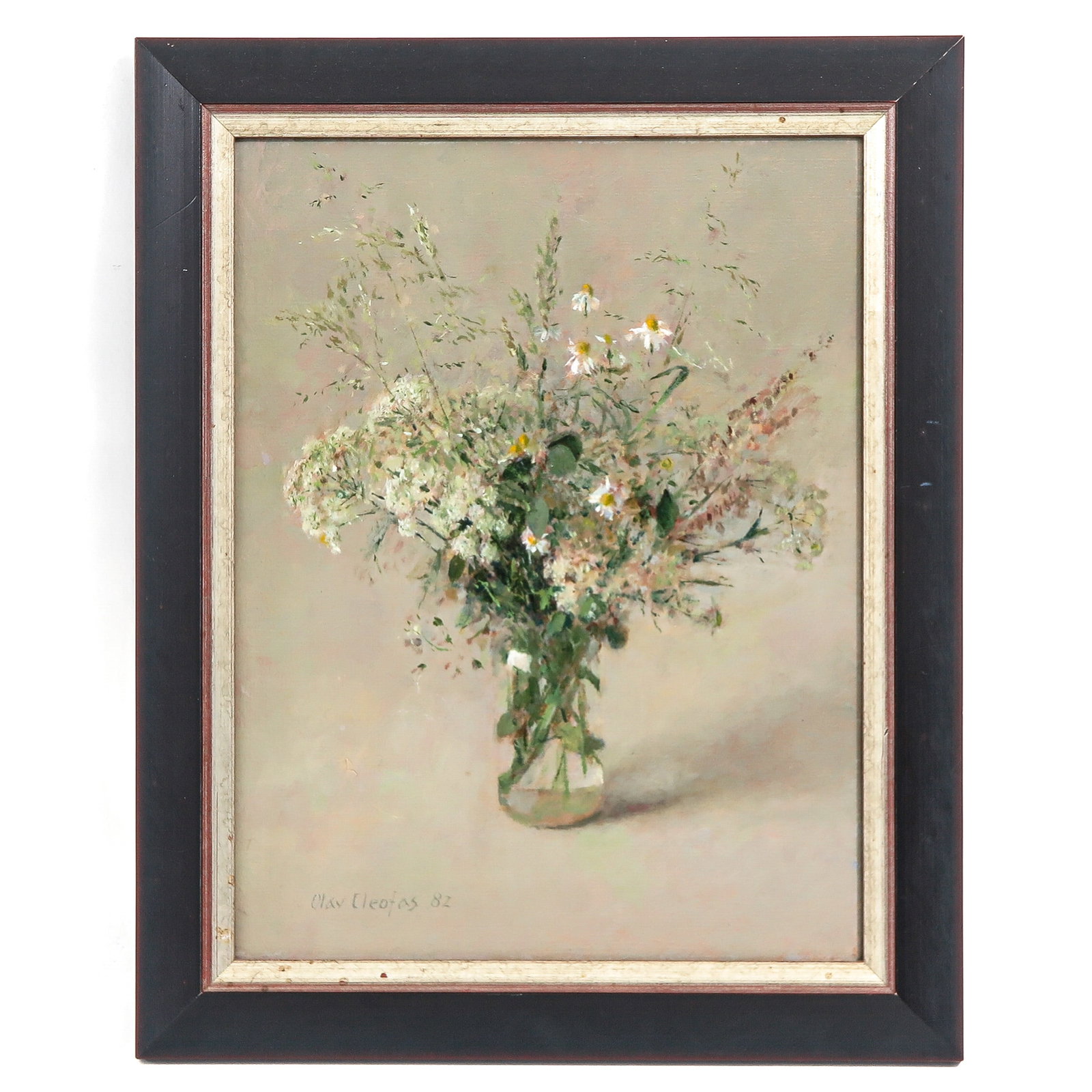 An Oil on Canvas Painting: oil on canvas, flower still life in a vase, signed Olaf Cleofas (O.C. van Overbeek) and dated ‘82, 23 x 30 cm