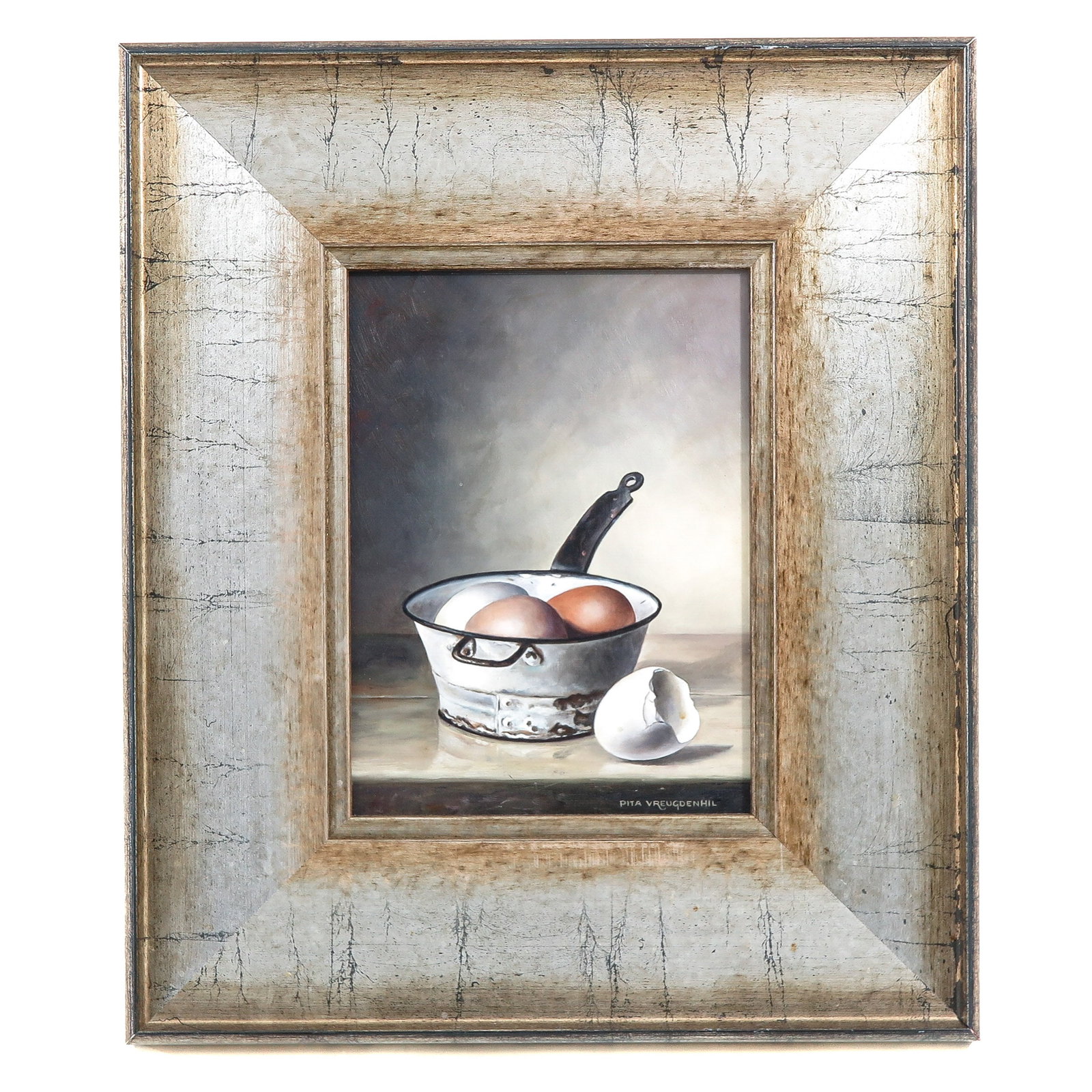 An Oil on Board Painting: oil on board, still life with eggs in a pan, signed Pita Vreugdenhil (Netherlands), 18 x 24 cm