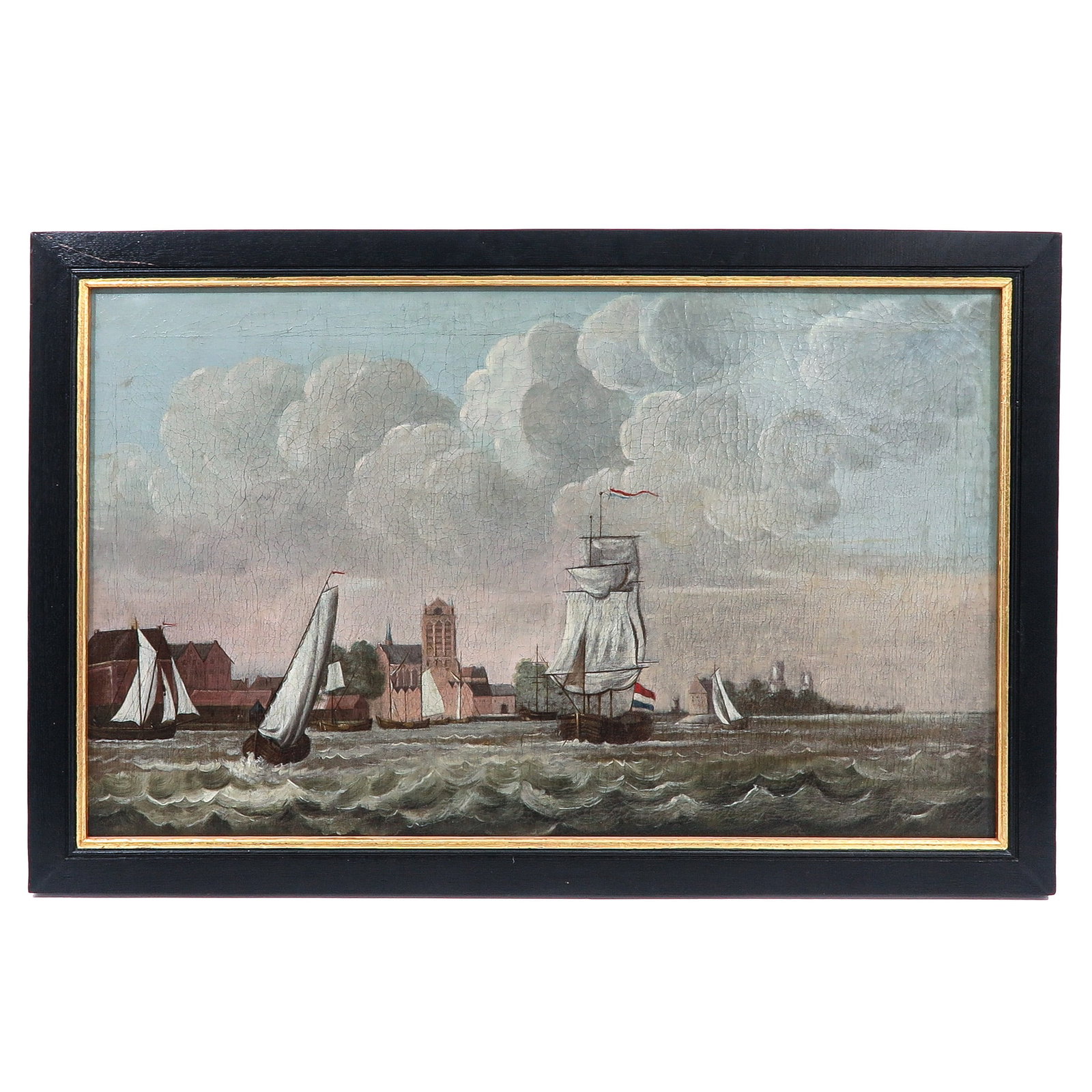 An 18th Century Oil on Canvas: oil on canvas, after an 18th-century print of Dordrecht, depiction of ships at sea with the city in the background, 117 x 71 cm