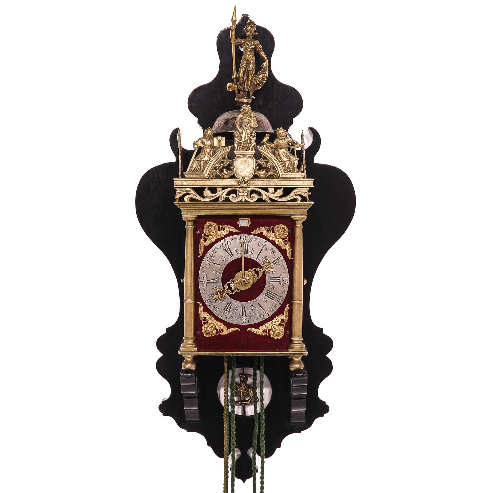 A Dutch Wall Clock: signed Dirk Jonker, with a crowning of 3 figures and a figure above the bell, with an ebony-veneered chair, clock height 55 cm, chair height 75 cm