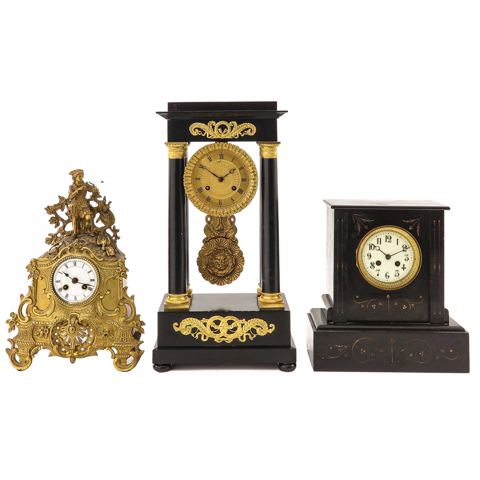 A Group of 3 Clocks: of 3 clocks, including column pendulum, France, ca. 1840, height 47 cm