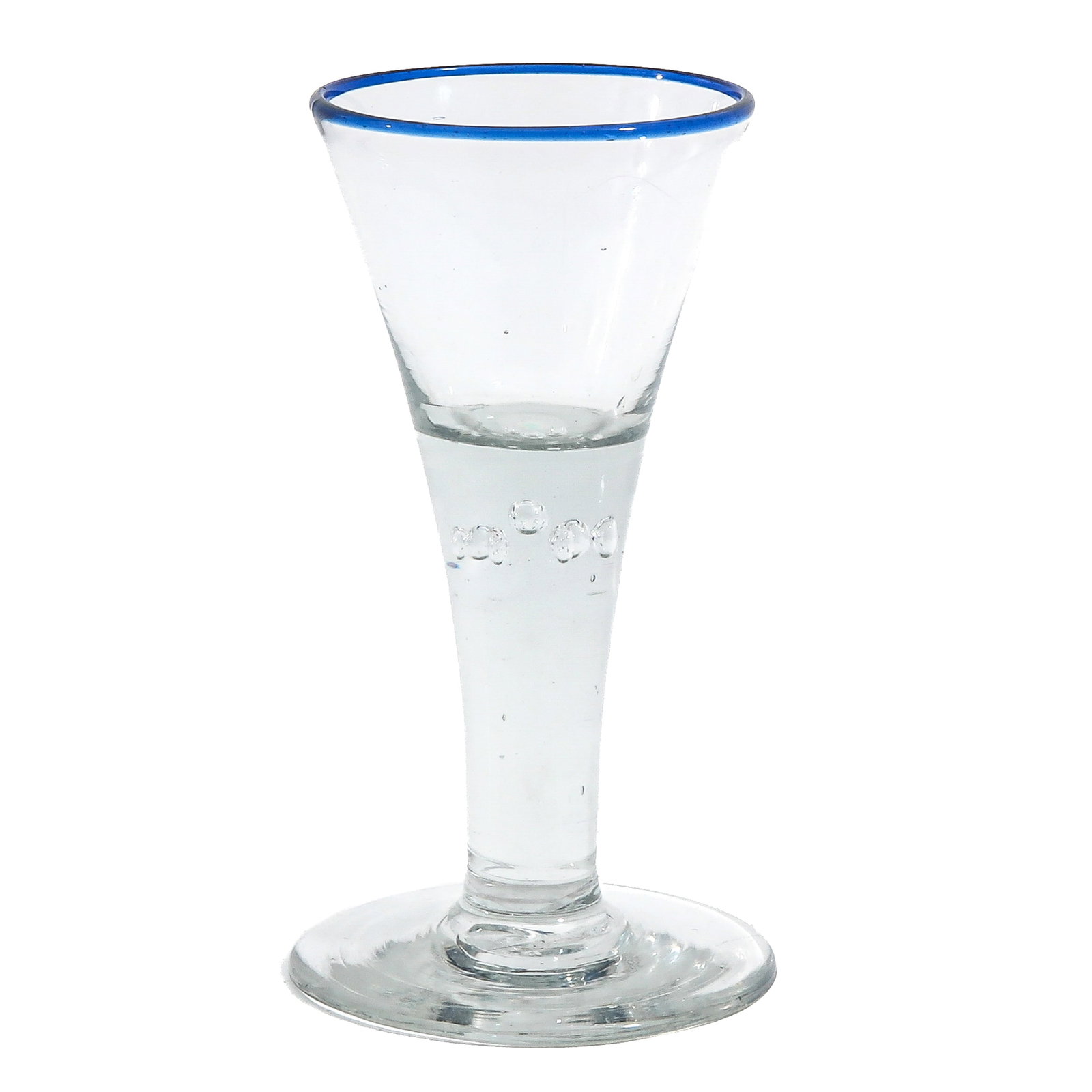 An 18th Century Glass: 18th century, with blue rim and seven small bubbles under the cup, height 15 cm