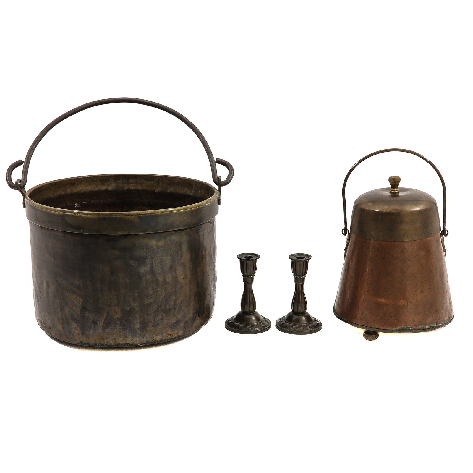 A Diverse Lot: consisting of a 19th-century copper snuff box with lid, a pair of candlesticks, and a block bin, height 32 cm