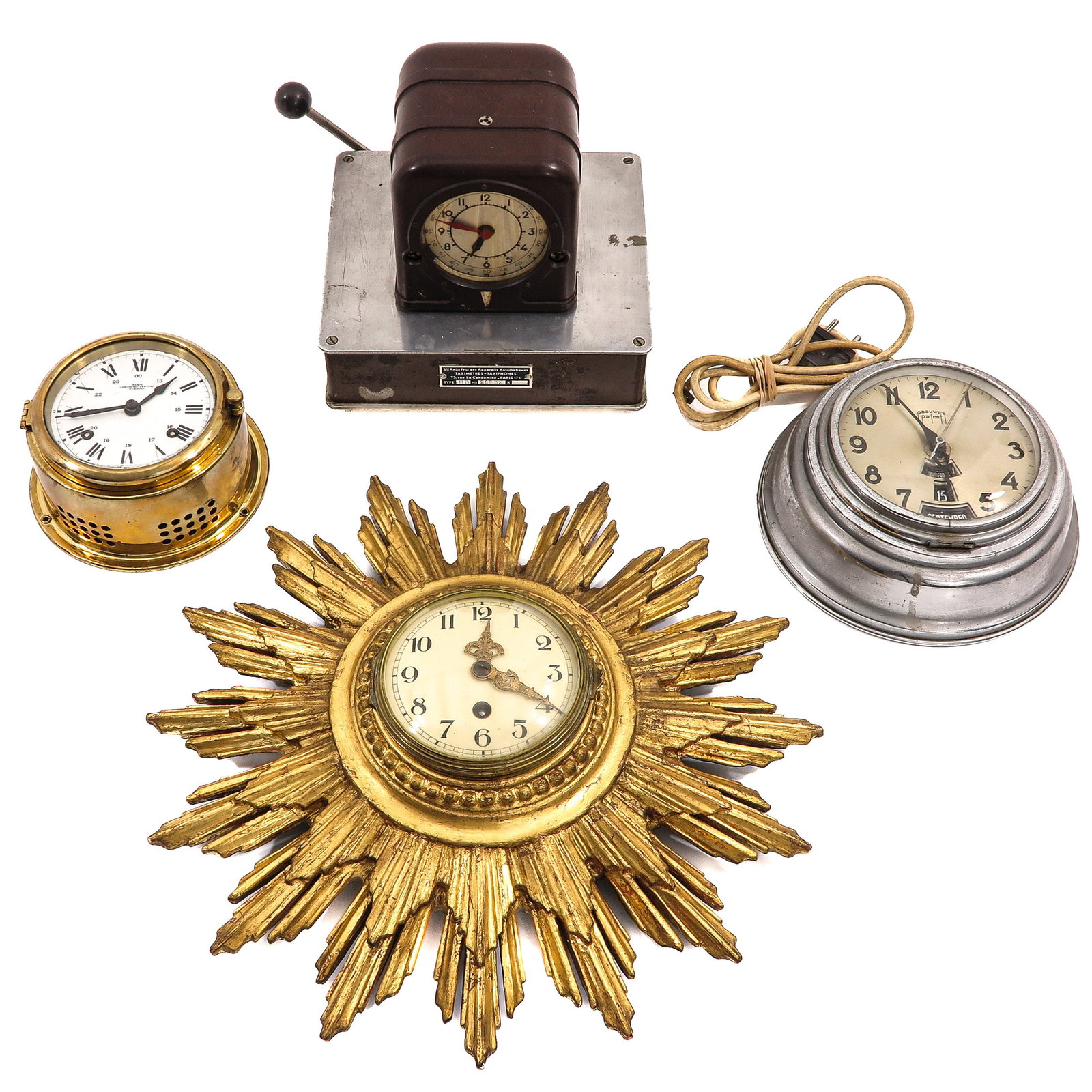 A Diverse Lot: 4 pieces, including a sundial of gilded wood and a taximeter, height 38 cm