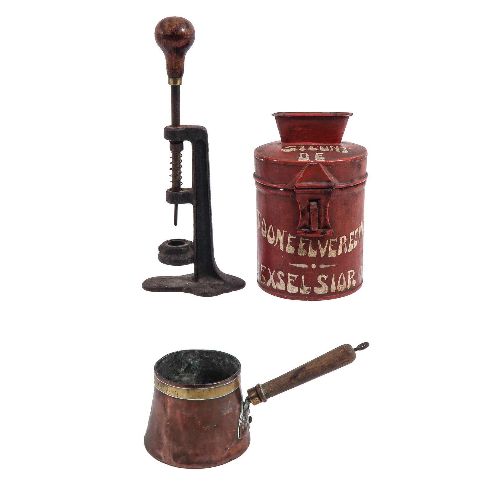 A Diverse Lot: consisting of a red collection box, a brass half-liter measure and an olive pit press