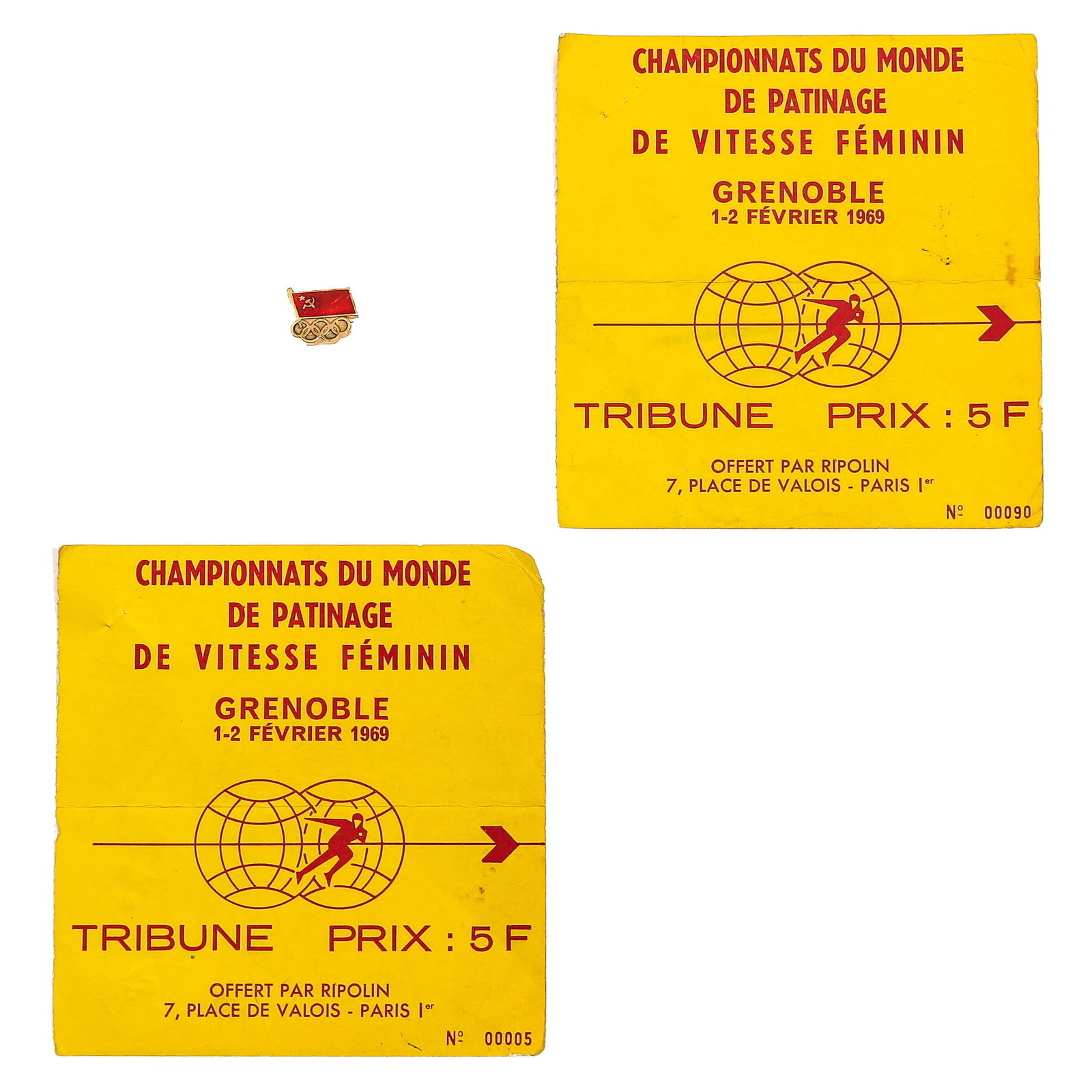 A Collection of Sports Memorabilia: consisting of 2 admission tickets for the 1969 Women's World Allround Speed ??Skating Championship, Grenoble, France, signed by the winners of 1st, 2nd, and 3rd place, together with an Olympic pin