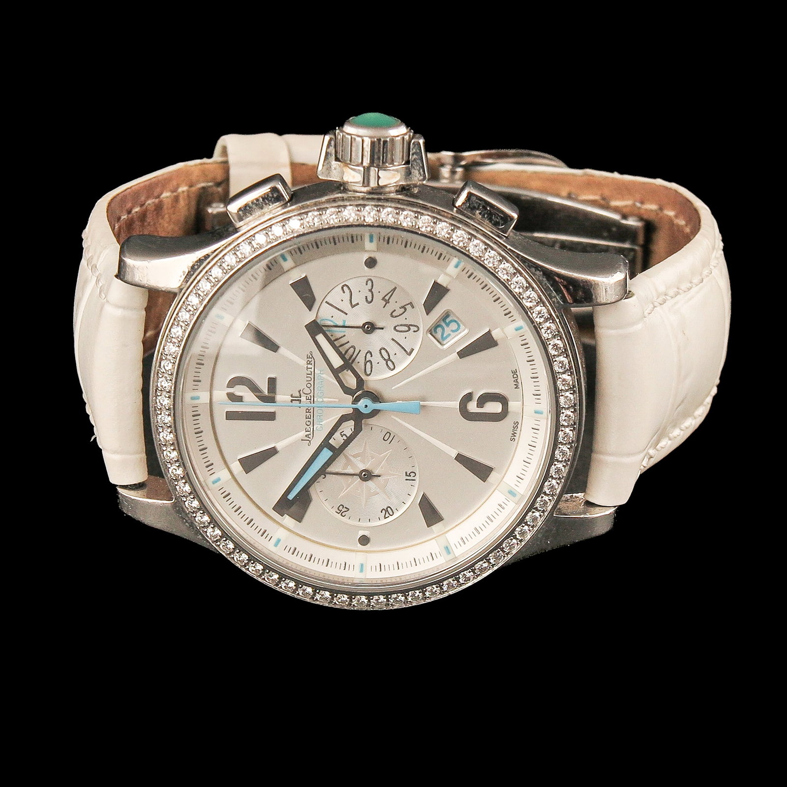 A Jaeger-LeCoultre Master Compresser Watch: Jaeger-LeCoultre, Master Compressor Chronograph, steel case set with diamonds, dial with date and subdials, diameter 36 mm, battery replaced, not running