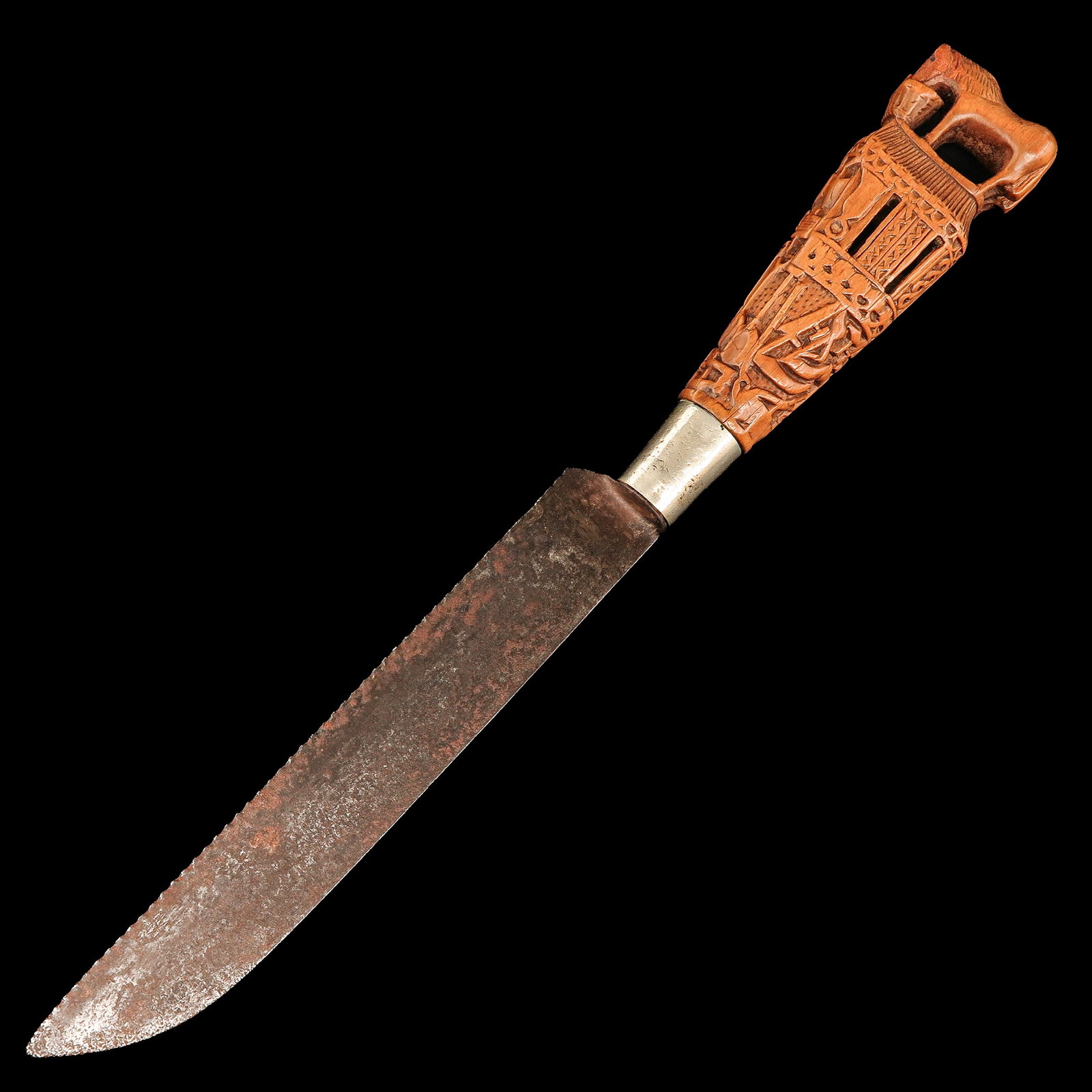 A Paeremes: with a carved wooden handle, with 2 horses on top and with motifs of agricultural implements, length 31 cm