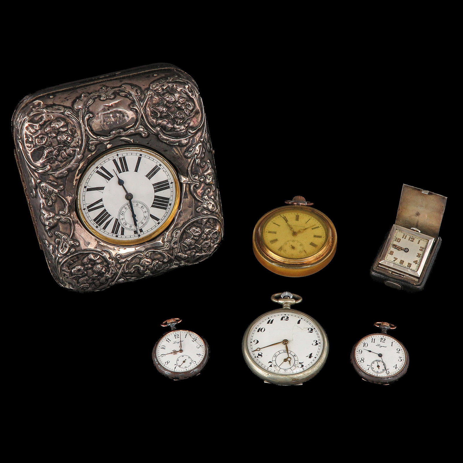A Group of Pocket Watches: consisting of 4 pocket watches, a small travel clock and a Goliath watch in a silver repoussé case, 11 x 12 cm