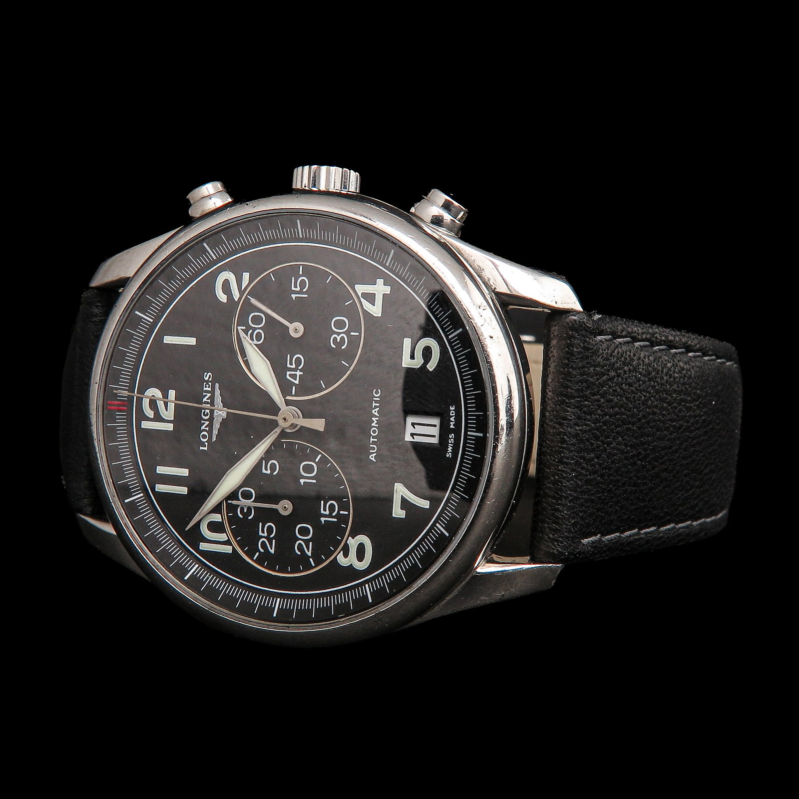 A Mens Longines Watch: Longines, Master Collection, automatic, steel, with black leather strap, case diameter 40 mm