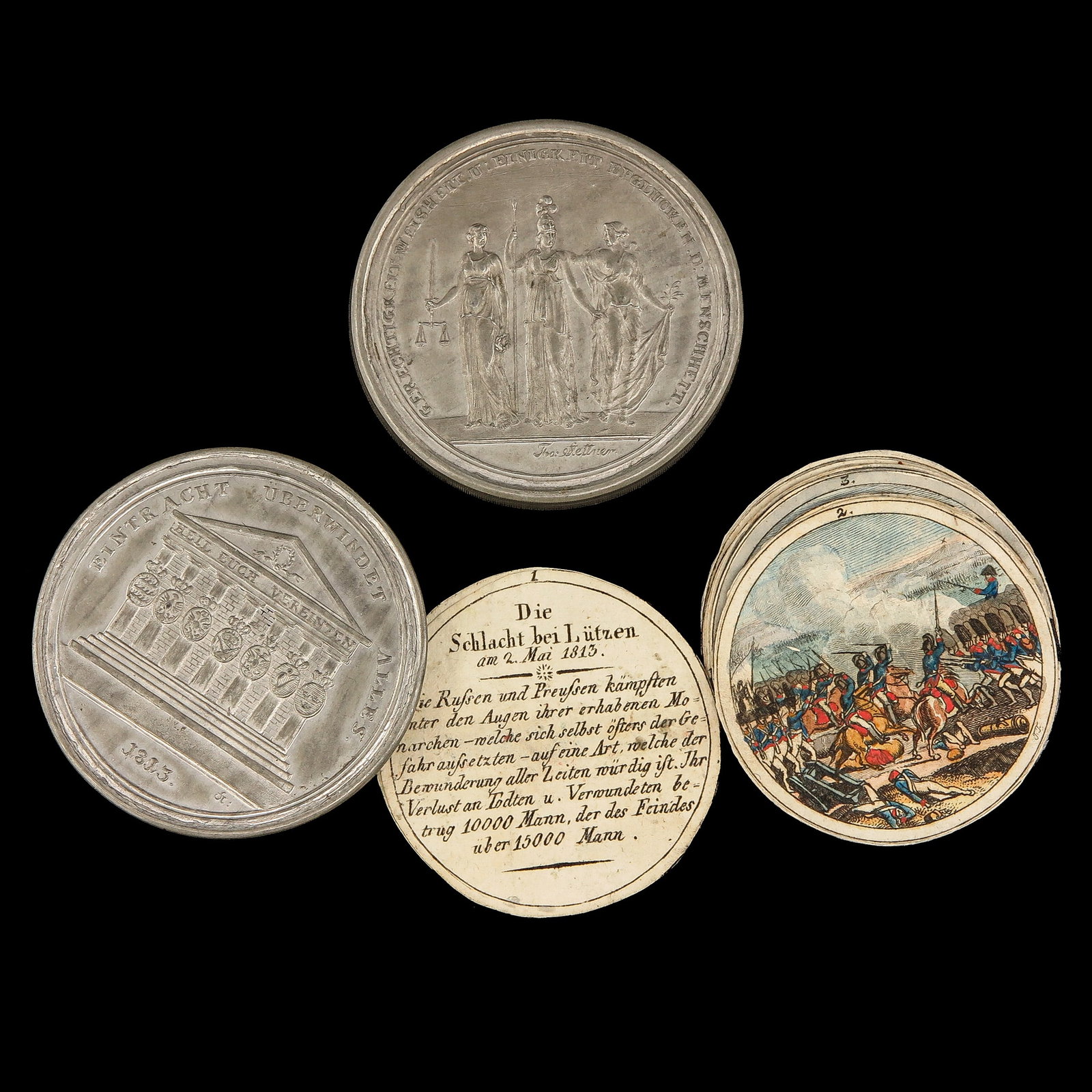 A German Stecktaler: containing papers with historical depictions, including the Battle of Lützen, diameter 50 mm
