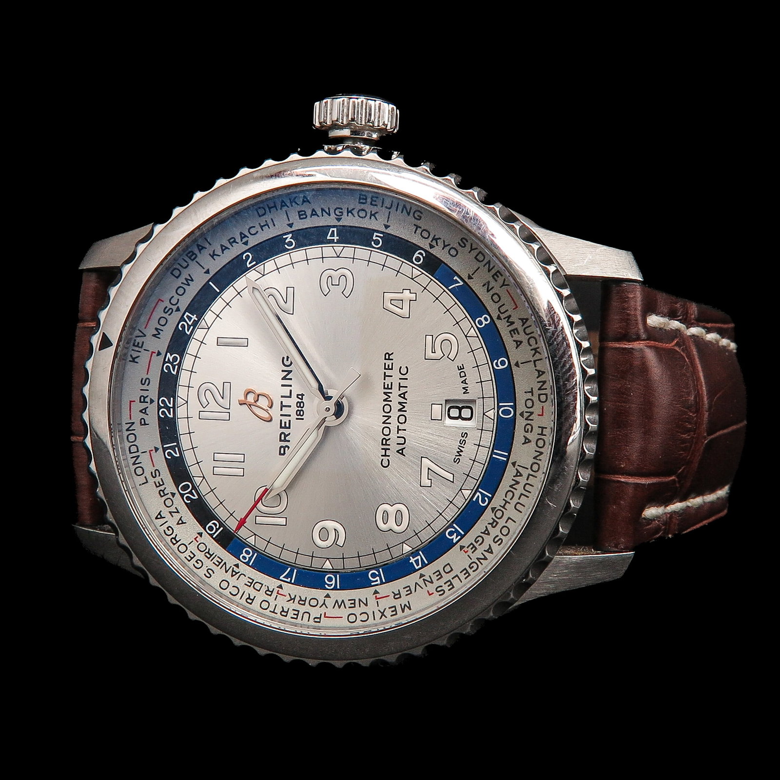 A Mens Breitling Aviator Watch: Breitling Aviator, automatic, steel, with brown leather strap, case diameter 43 mm