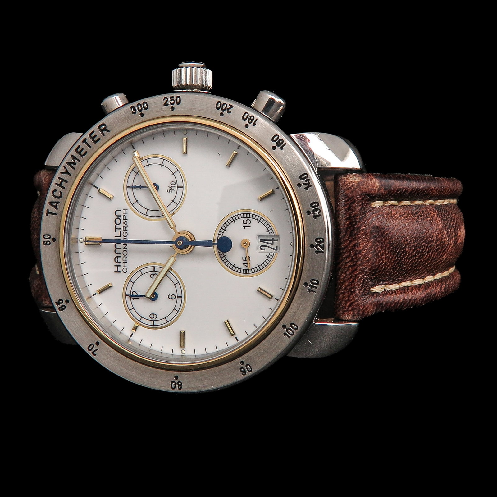 A Mens Hamilton Watch: Hamilton, quartz, chronograph, steel, with brown leather strap, case diameter 34 mm