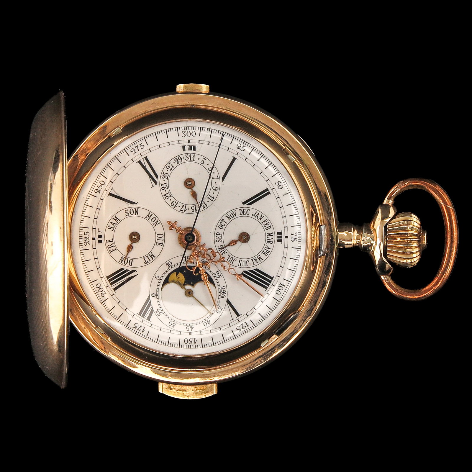 A 14KG Pocket Watch: 14 kt. gold, with chronometer, moon phase and stopwatch function, ca. 1900, diameter 58 mm