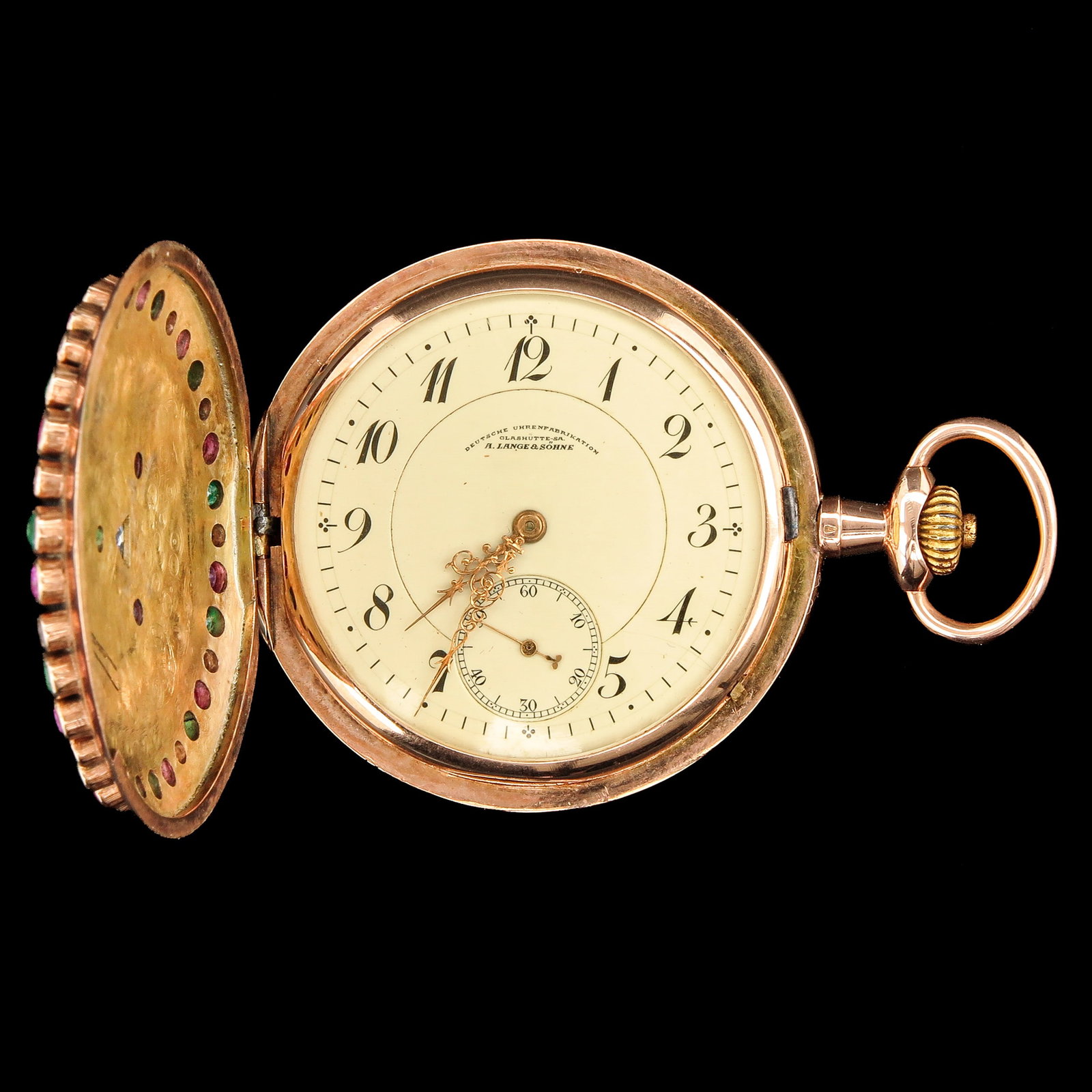 A 14KG Pocket Watch: 14 Krt. gold, A. Lange & Söhne, set with ruby, diamond and emeralds, diameter 53 mm