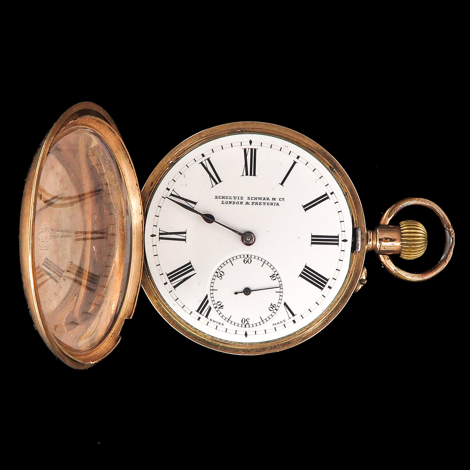 A 14KG Pocket Watch: 14 Krt. gold, Schultis Schwar & Co., London & Pretoria, with small seconds, diameter 48 mm
