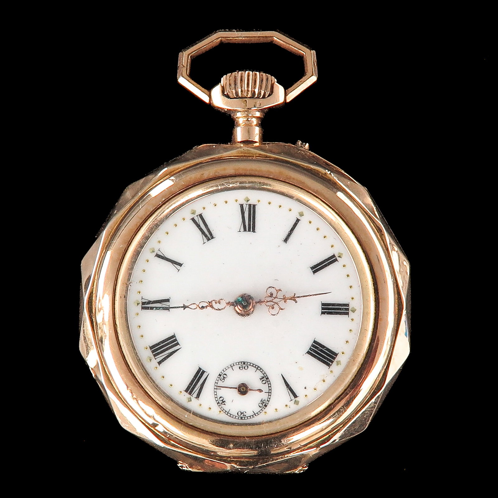 A 14KG Pocket Watch: 14 Krt. gold, with small seconds hand, case back engraved with a horse, diameter 45 mm