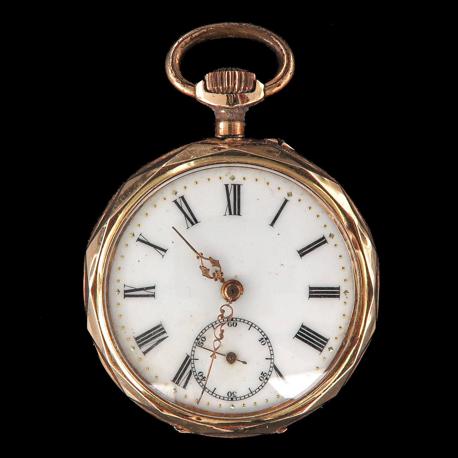 A 14KG Pocket Watch: 14 Krt. gold, with small seconds, case back engraved with a horse, diameter 46 mm