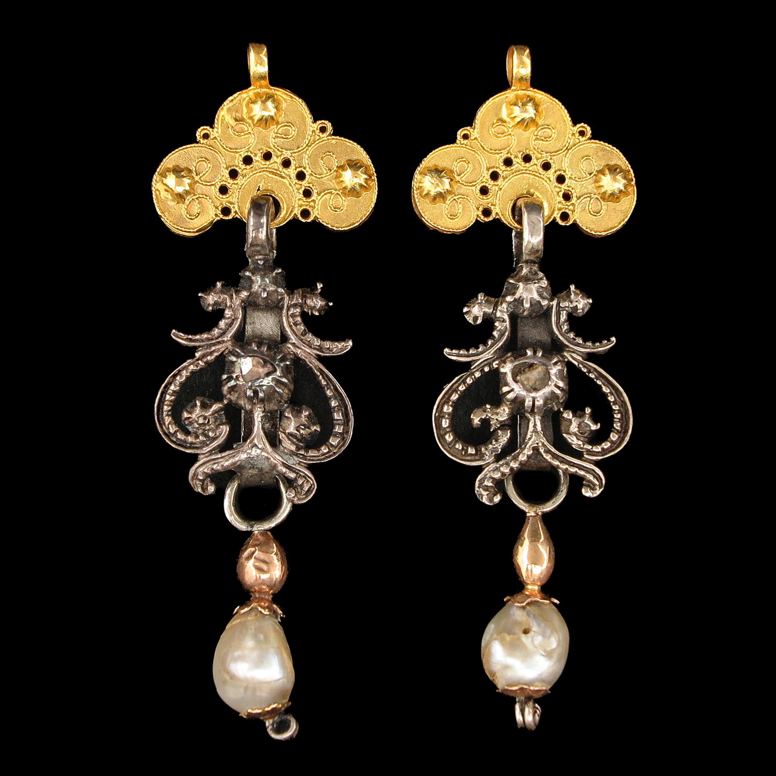 A Pair of Schouwen Duiveland Bells: Schouwen-Duiveland, gold and silver set with diamond and pearl pendant, length 5.5 cm