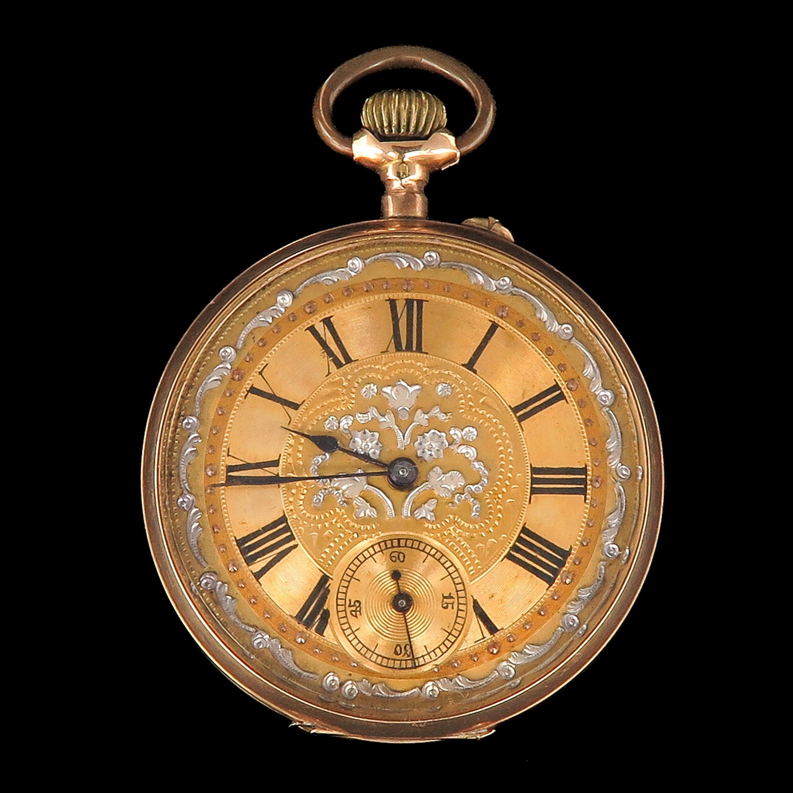 A 14KG Pocket Watch: 14 Krt. gold, with gilded and engraved dial, diameter 45 mm