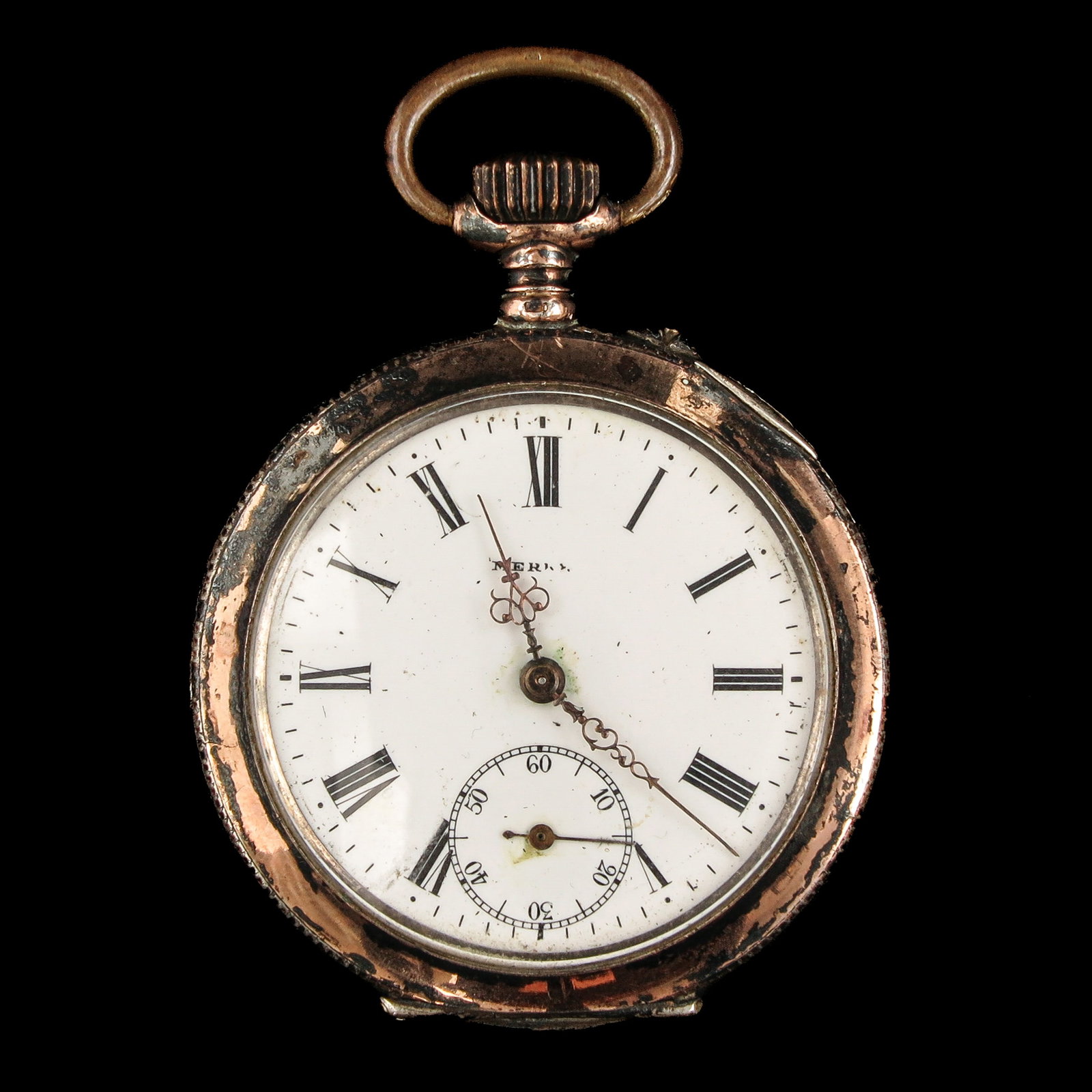 A Silver Pocket Watch: 800/1000 silver, reverse engraved with a ship, diameter 45 mm