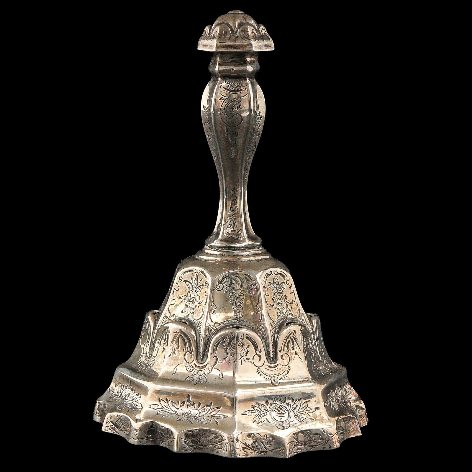 A Silver Table Bell: silver, with engraved floral motif