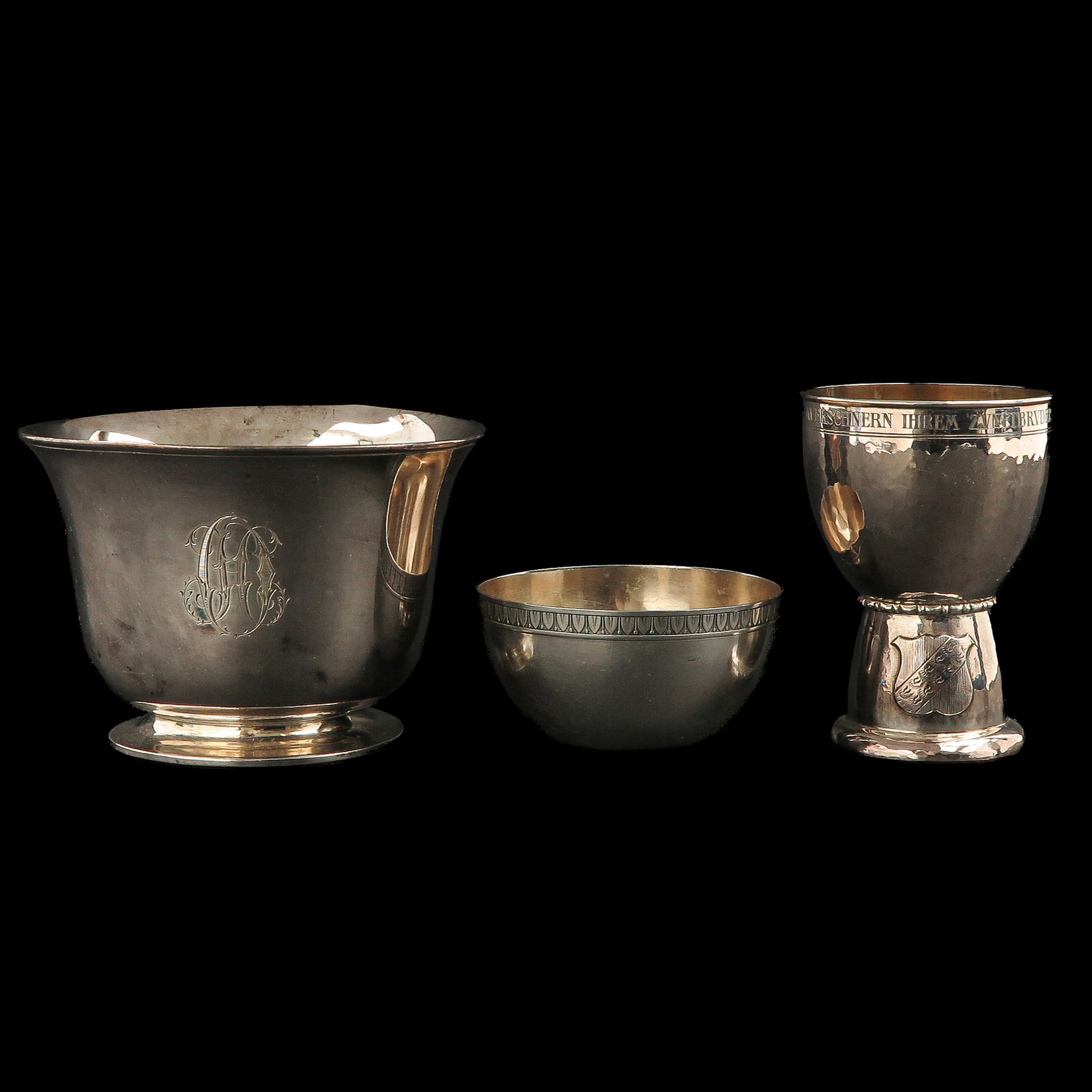 A Diverse Group of Items: consisting of a footed bowl, signed Gebr. Albert, a small engraved bowl and a cup, height 12 cm, including silver