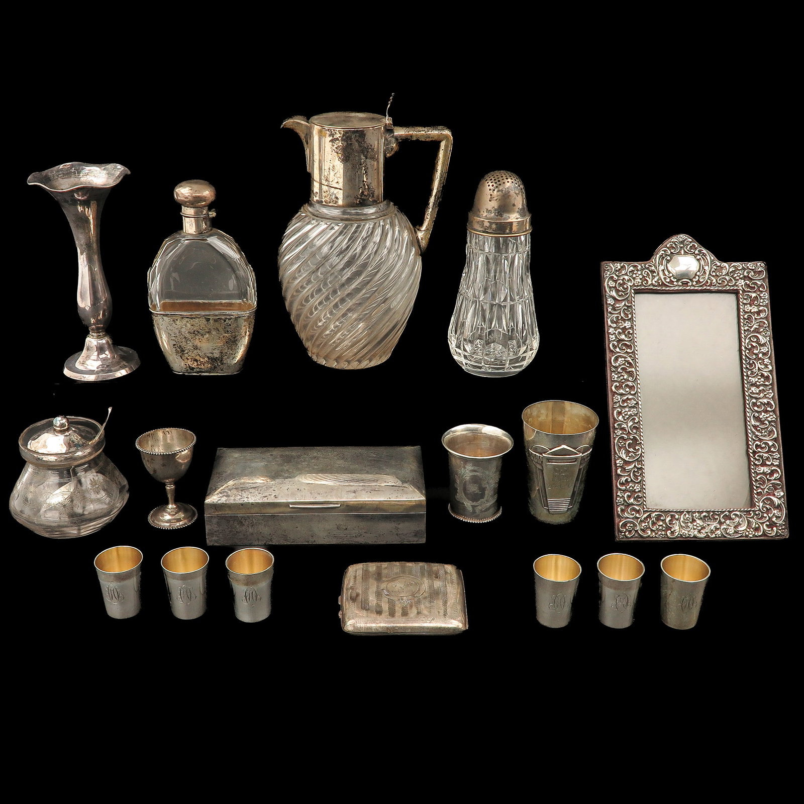 A Diverse Group of Items: consisting of a jug, vase, perfume bottle, frame, boxes and cups, including silver
