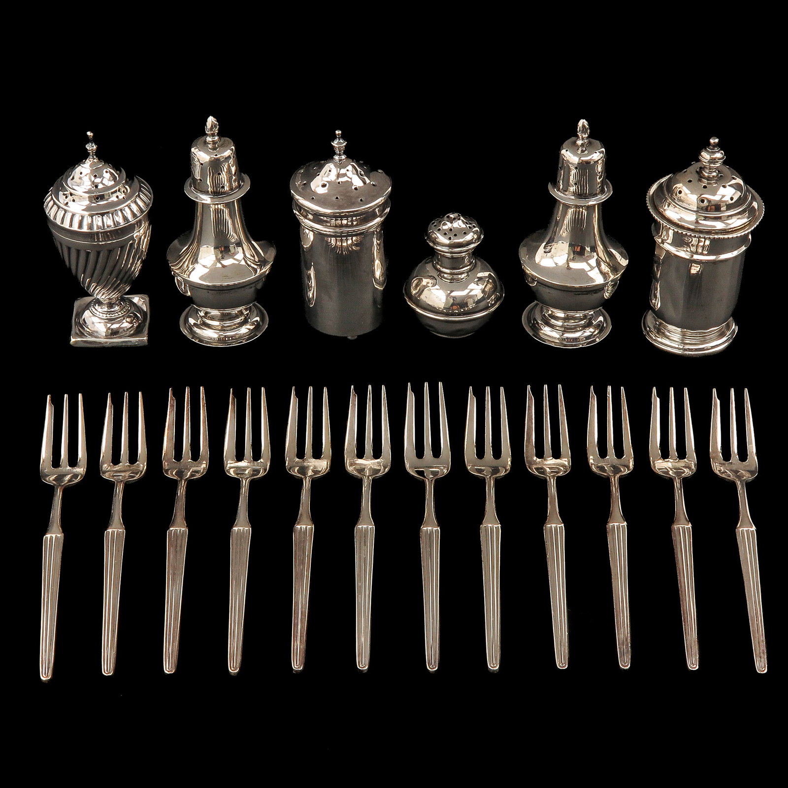A Diverse Collection of Items: consisting of 6 silver shakers and pastry forks, tallest 8 cm