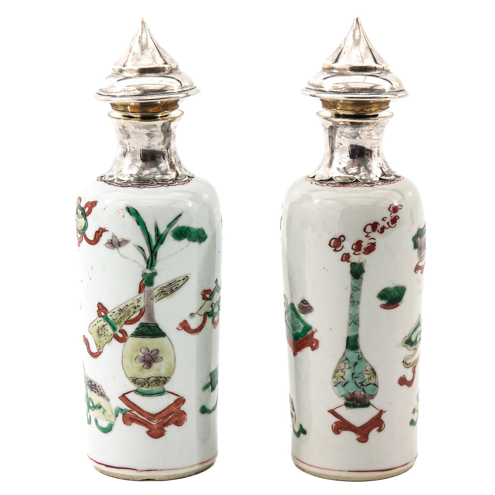A Pair of Famille Verte Bottles: With silver mountings, depicting Chinese Antiquities, 20 cm tall.