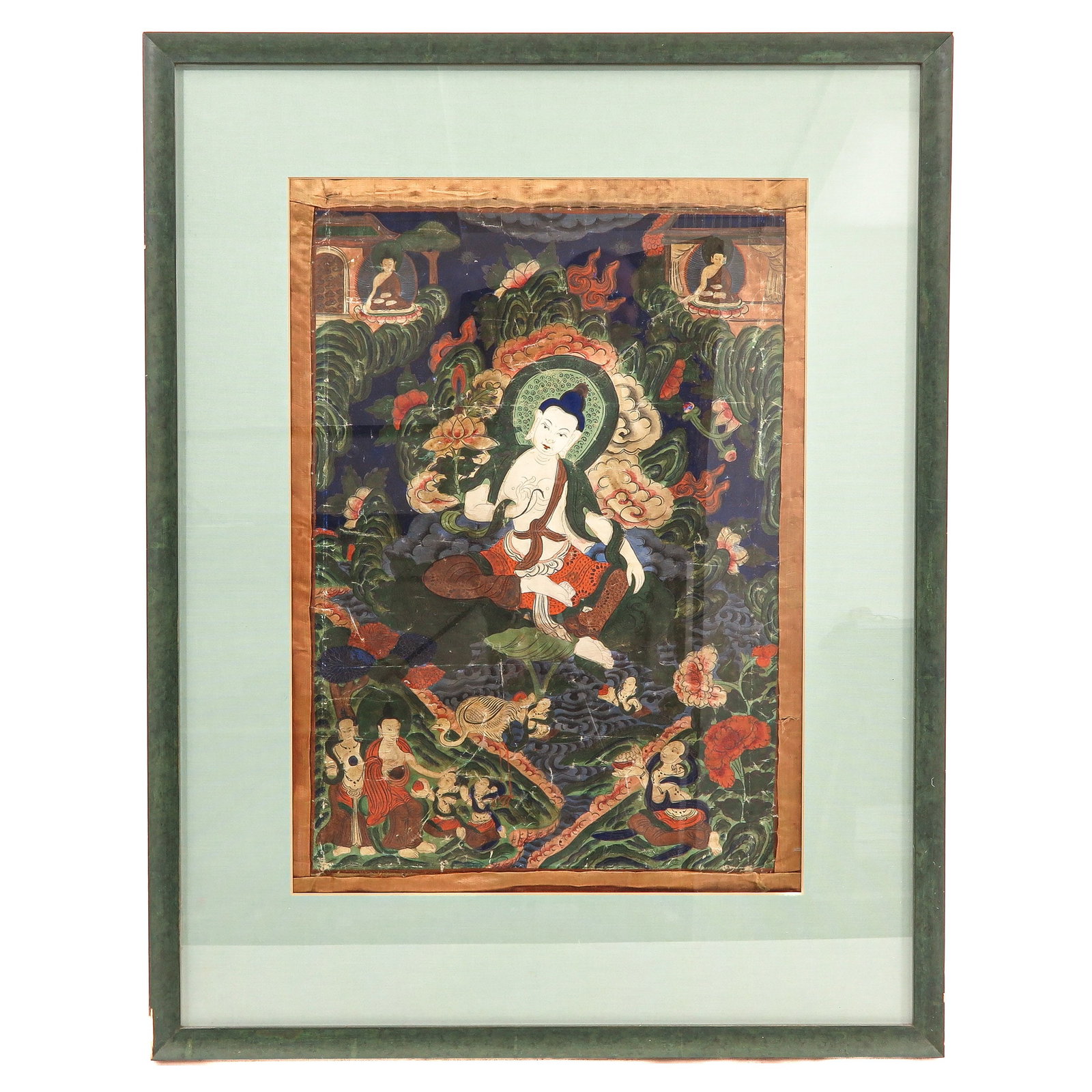 Thangka: Depicting a seated Buddha surrounded by attendants and deities, size of thangka approximately 48 x 66 cm