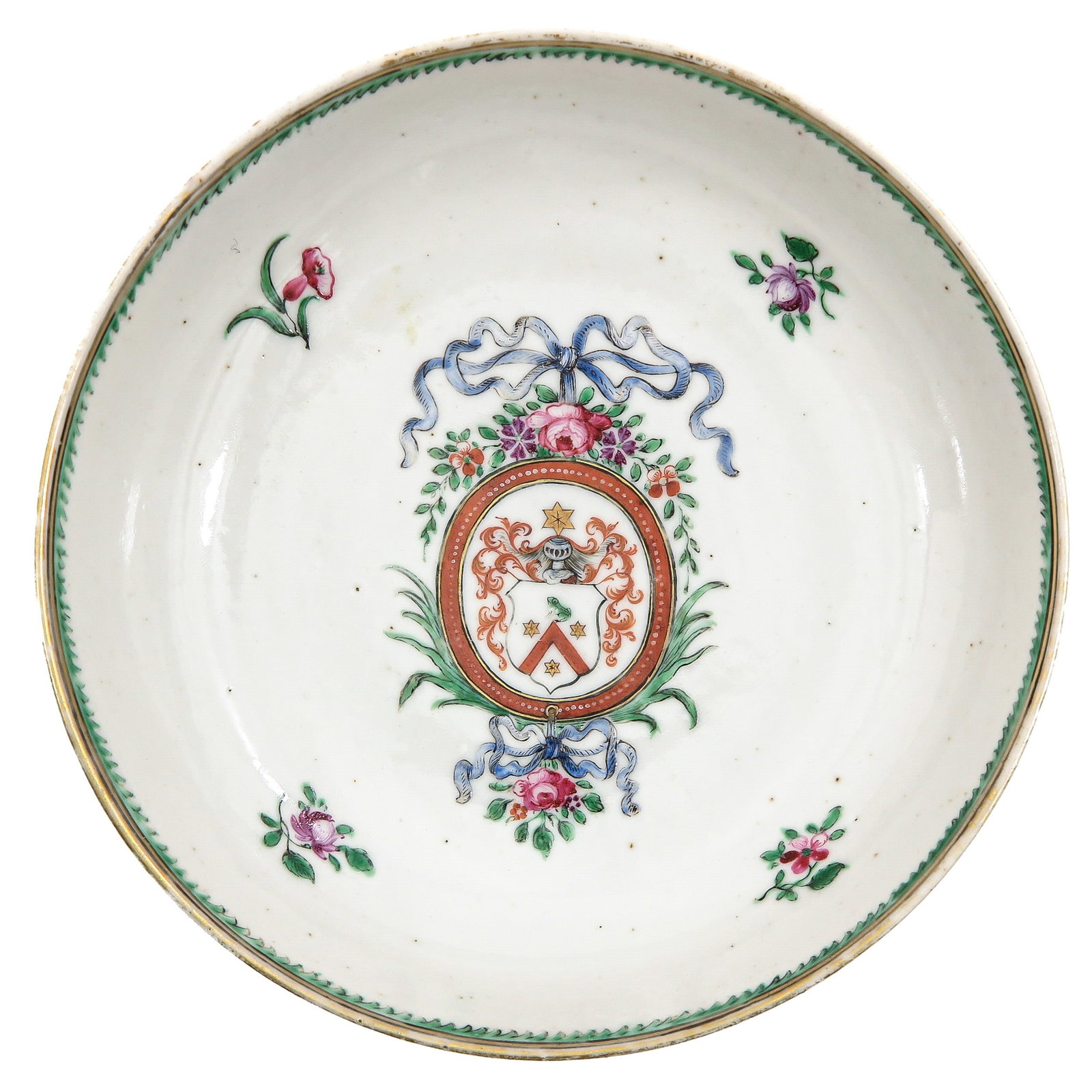 A Famille Rose Armorial Dish: With coat of arms, 18th Century, 14 cm in diameter.