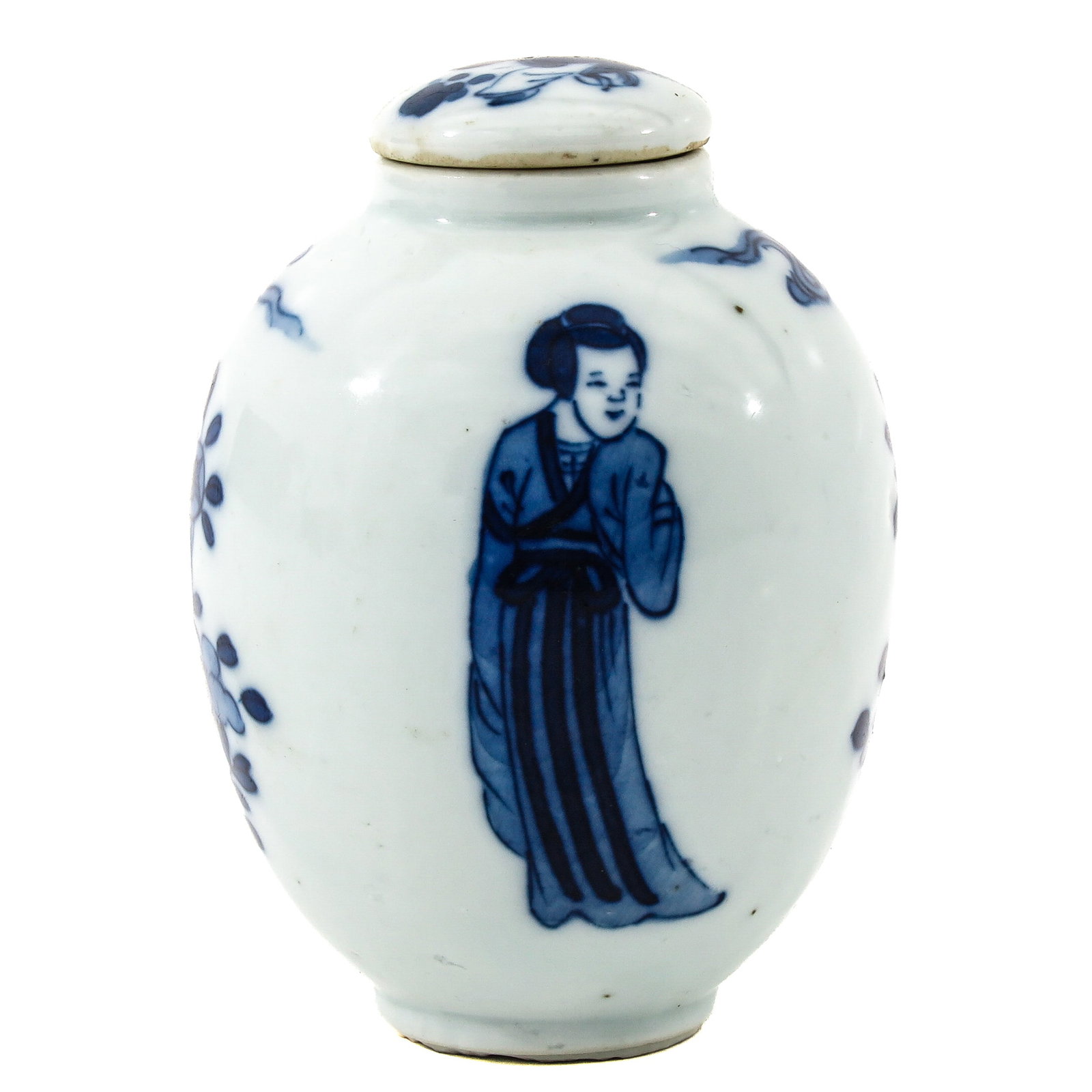 A Blue and White Covered Tea Caddy: Depicting a scene with ladies in a garden setting with flowers, 10 cm