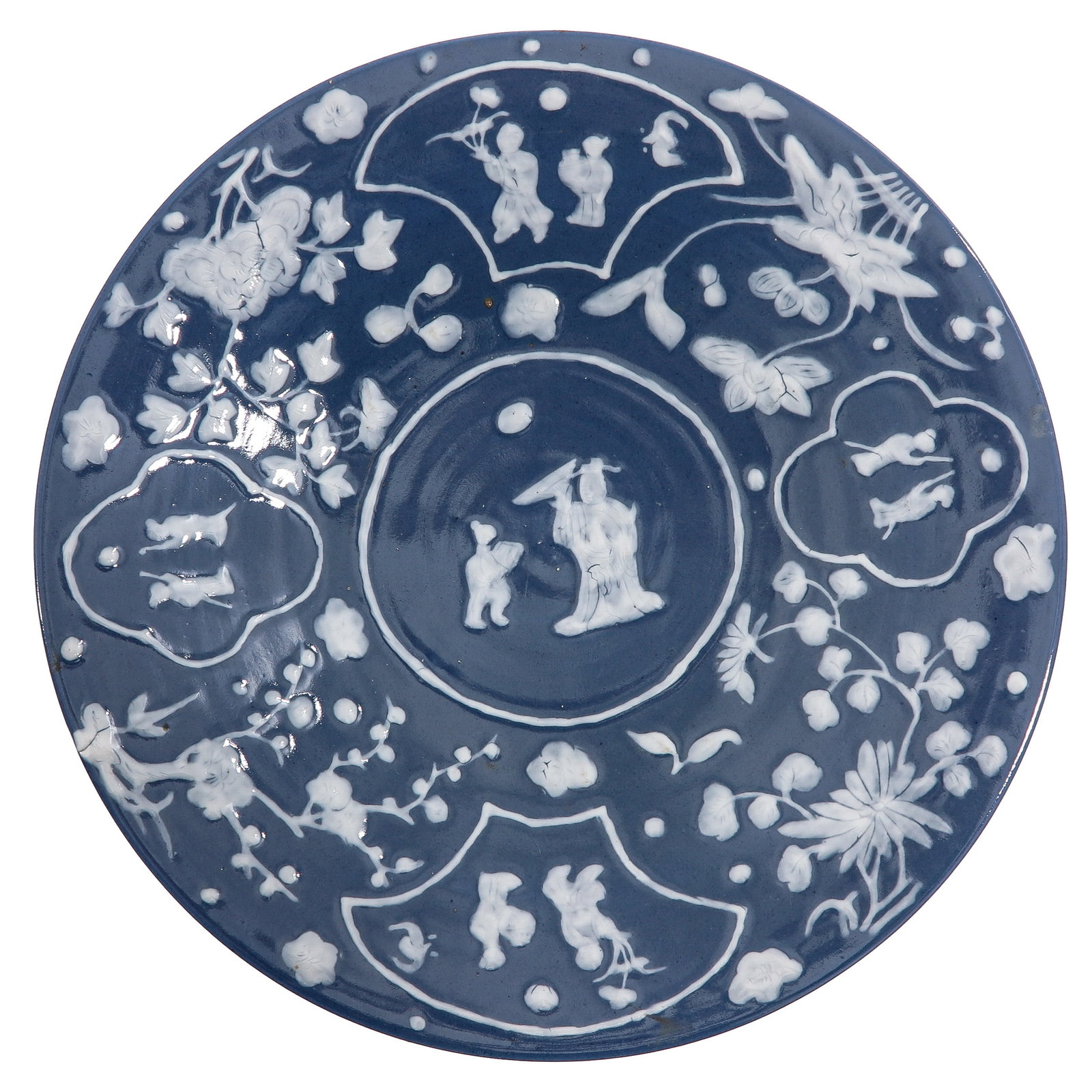 A Powder Blue Charger: Powder blue ground decorated with white decor, 40 cm in diameter.